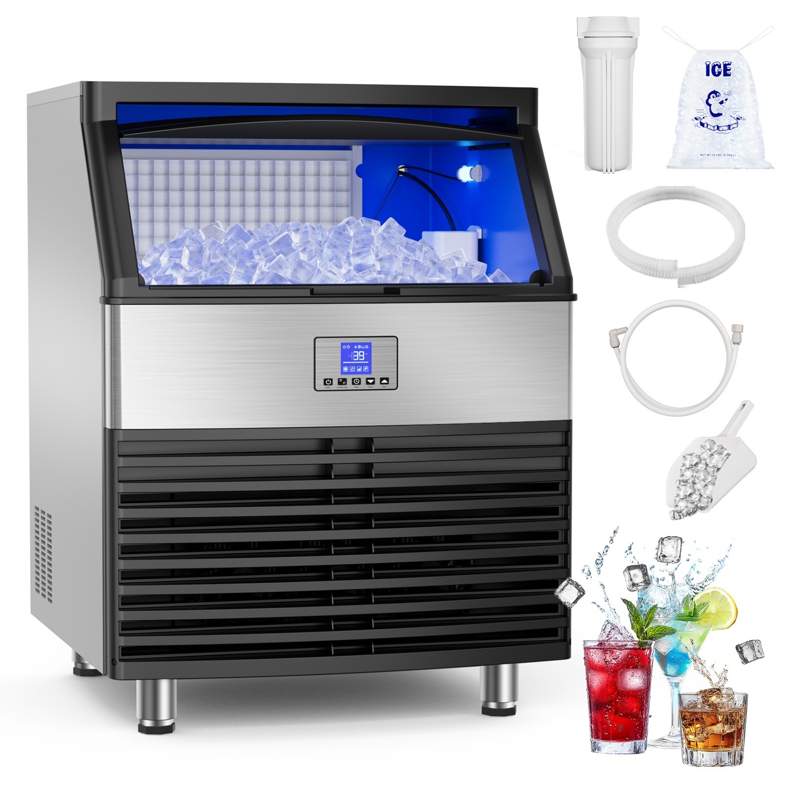 Commercial Ice Maker Machine 450LBS/24H Under Counter Ice Machine 120LBS Storage