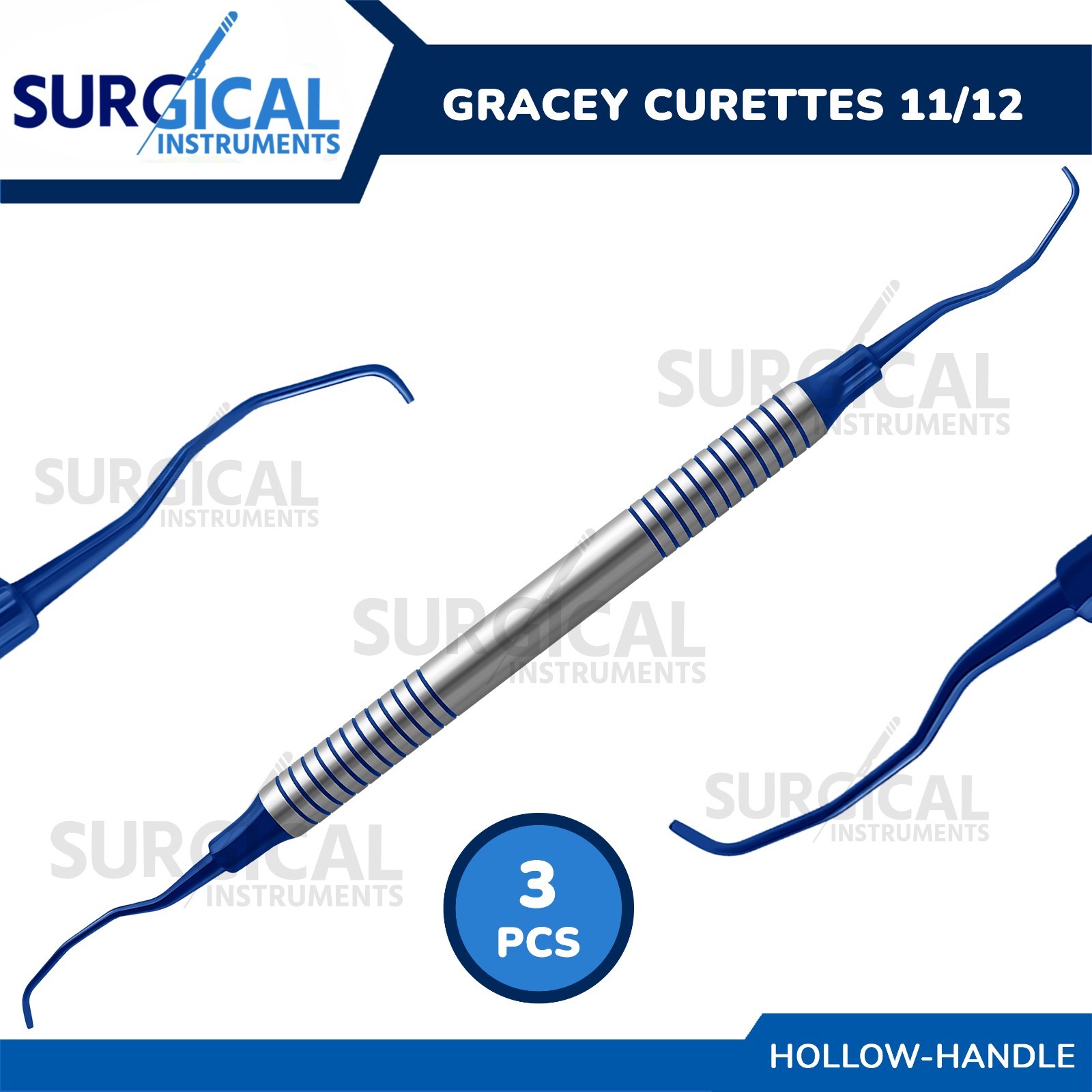 3 Pcs Gracey Curettes 11/12 Blue Tips W/Blue & Silver Hollow Handle German Grade