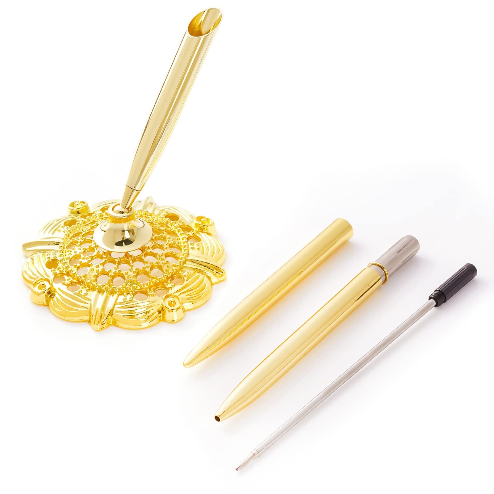 2Pcs Gold Wedding Pen and Metal Pen Stand Holder Set Signing Desk Ballpoint Pens