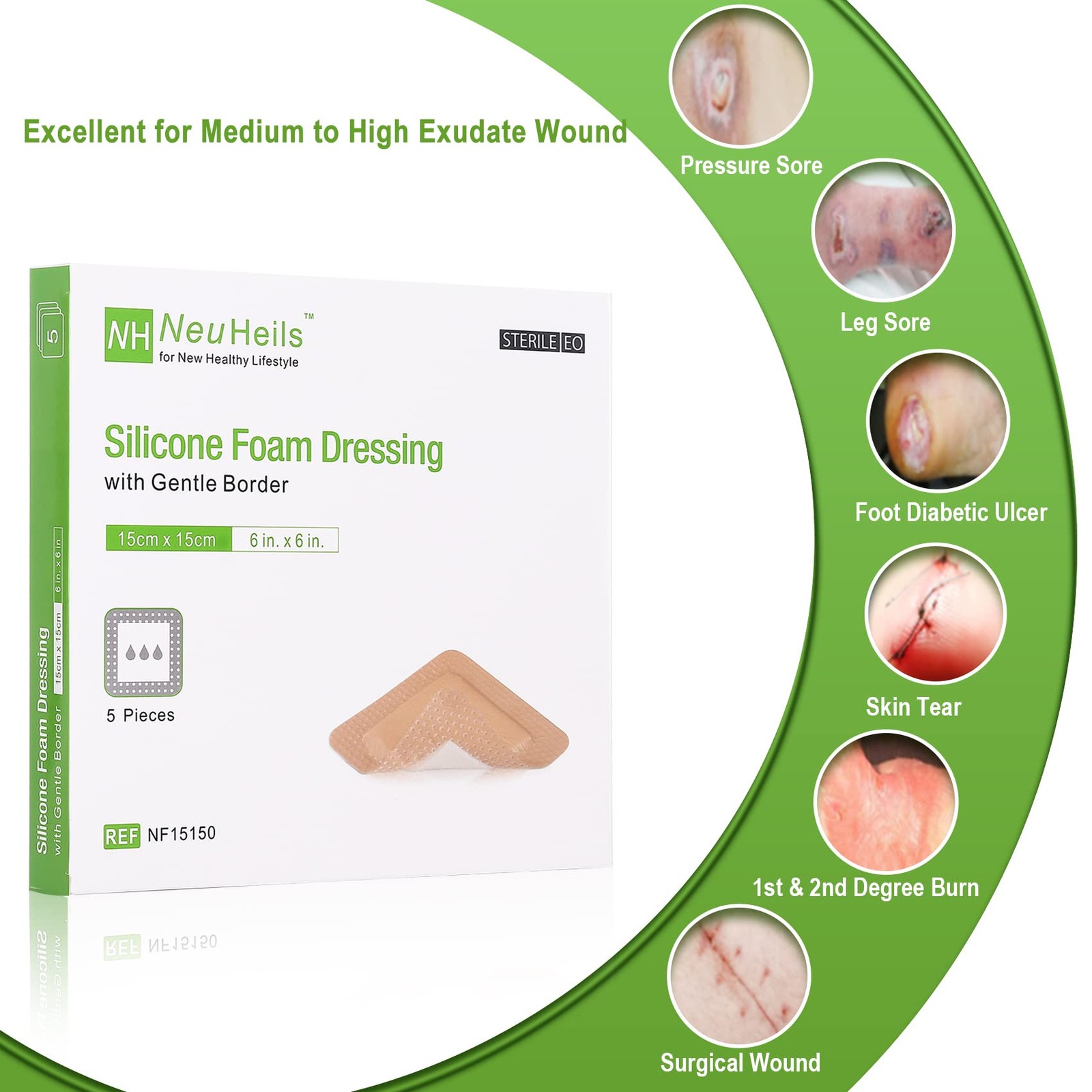 NeuHeils Silicone Adhesive Foam Dressing Bandage 6»x6» (Pack of 5), Tan