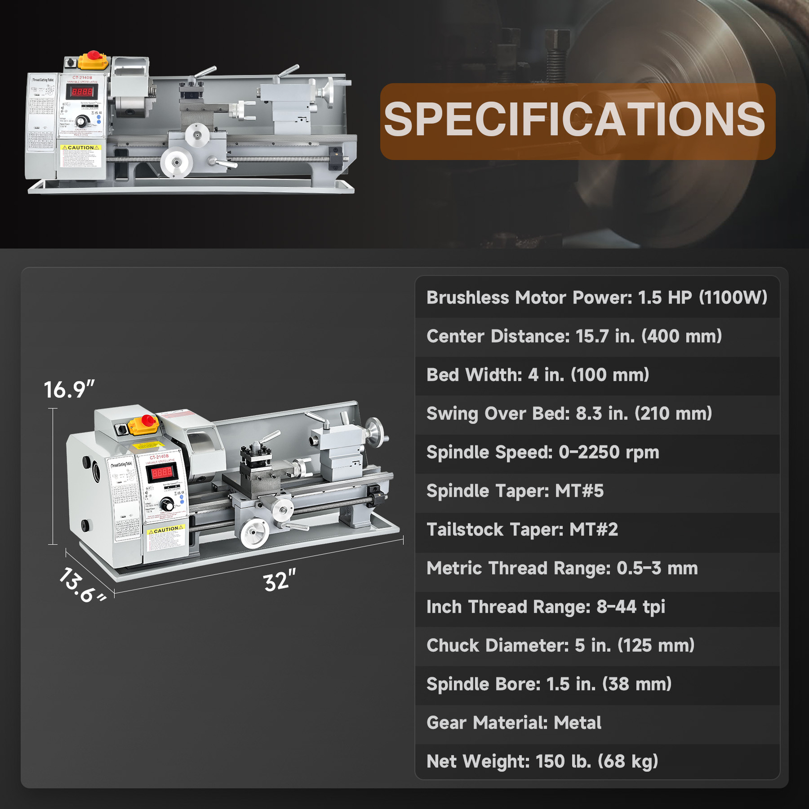 8×16″ Mini Metal Lathe Digital Metal Gear Brushless-Motor Full-Set 1.5HP