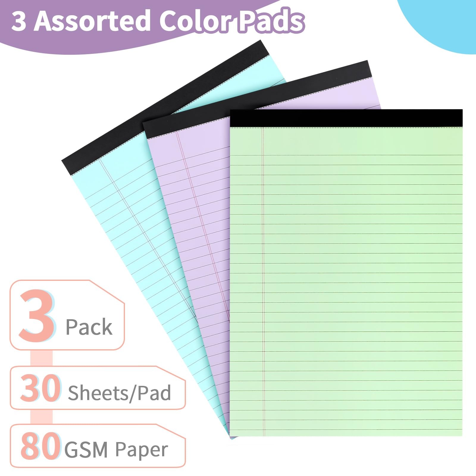 Colored Legal Pads, 3 Pack Writing Pads 8.5 x 11 inch, 3Pcs-8.5*11in, White