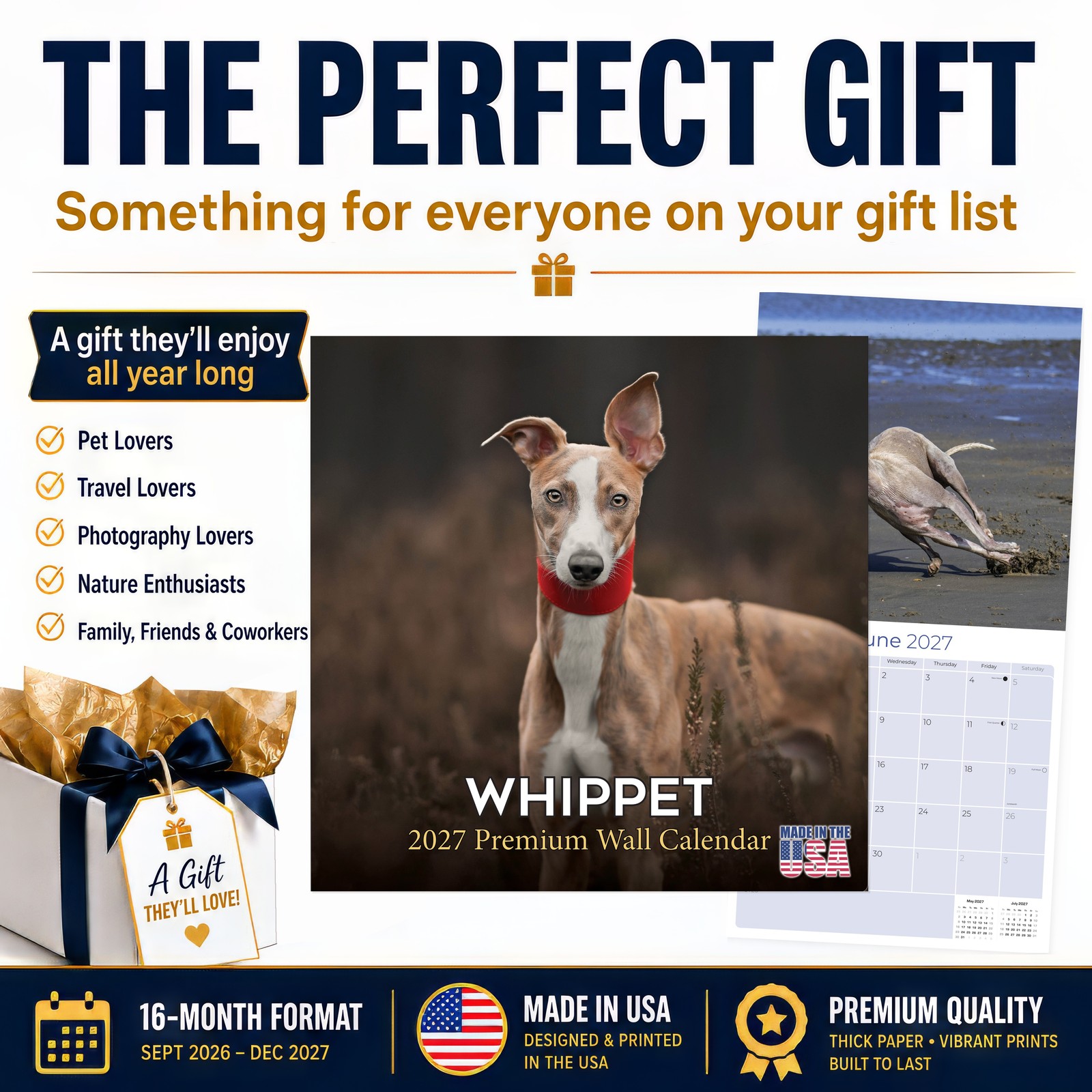Whippet Dog Breed Calendar 2024 FULL SIZE 12×24 Made in USA
