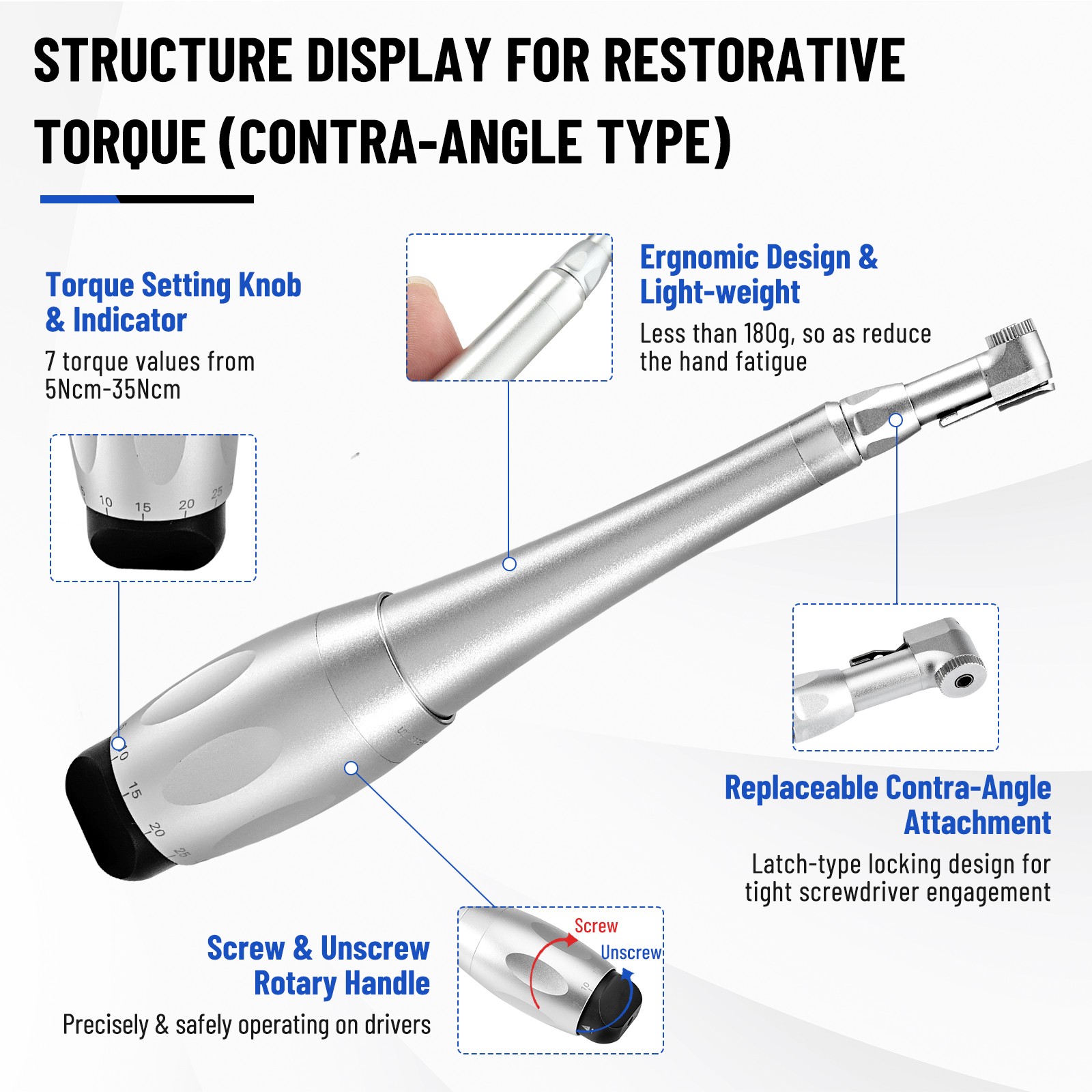 Dental Universal Implant Kit Torque Wrench Contra Angle & 16pcs Drivers Silver