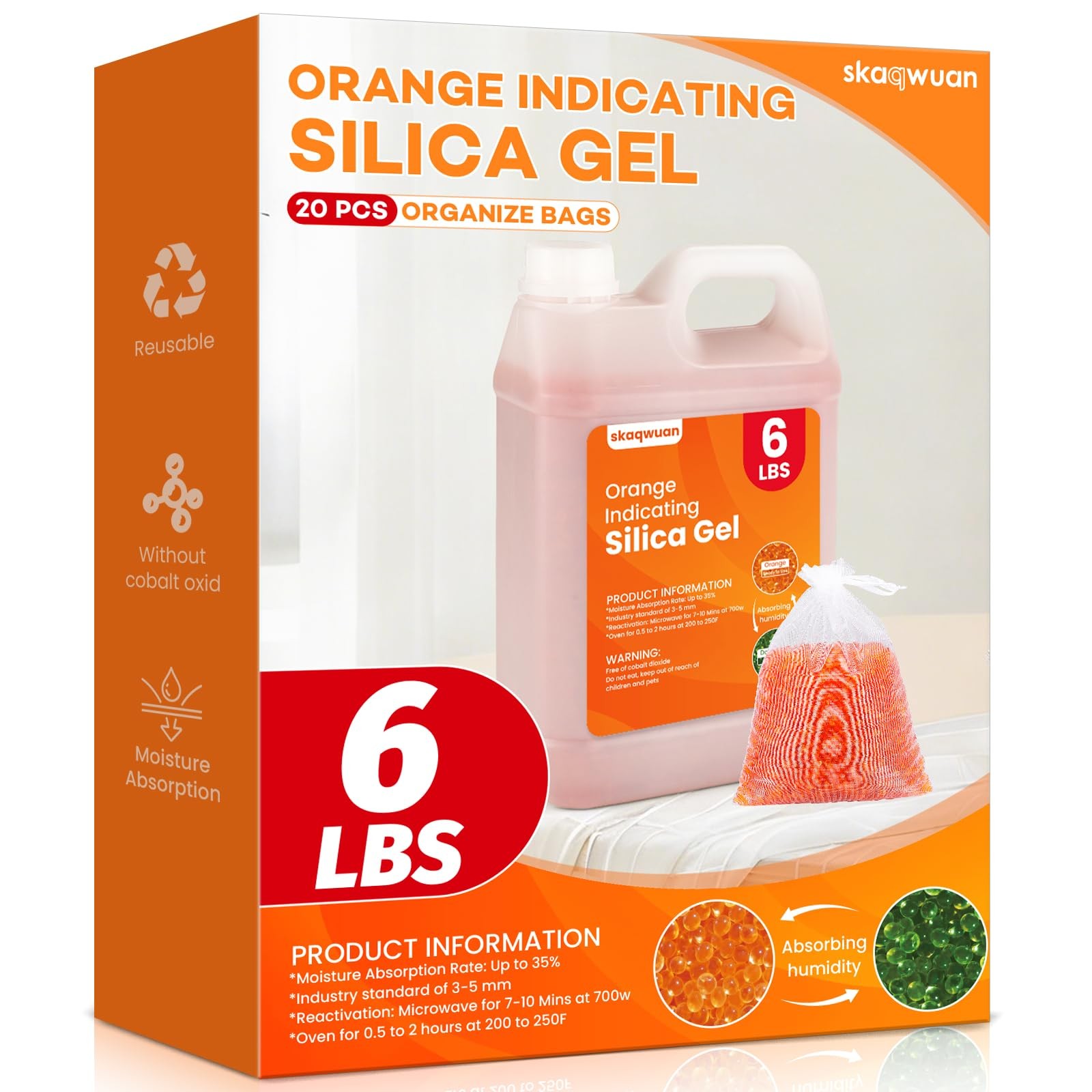 6 LBS Orange Indicating Silica Gel Desiccant Beads, Premium 6LBS, orange