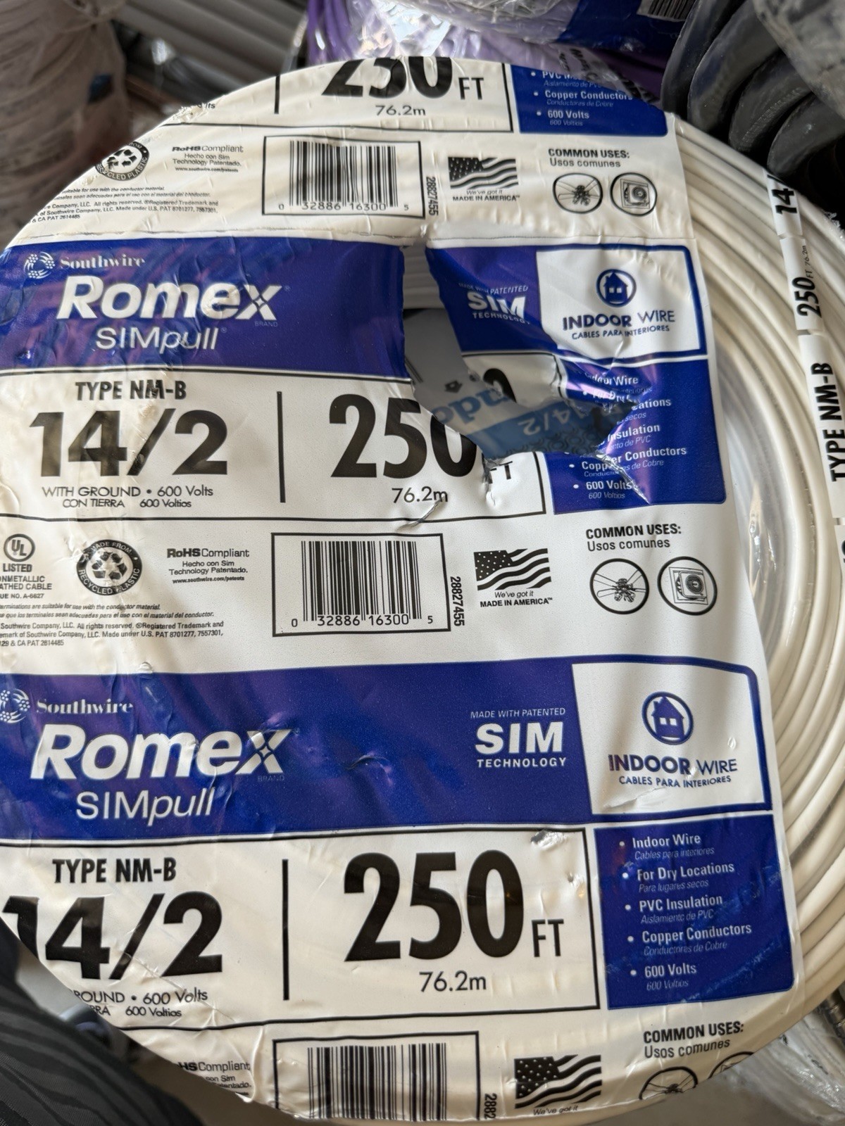 Romex 14/2 250 ft Solid Copper NM-B Wire 600V White Sheath Indoor Cable