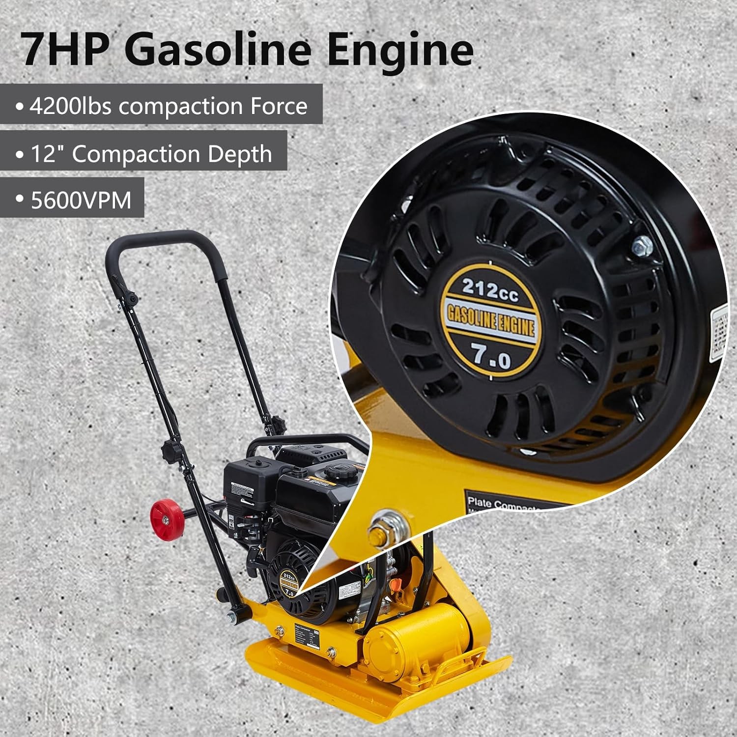 🔥7HP Plate Compactor, 212CC Gas-Powered Jumping Jack Tamper with Wheels, 22.1