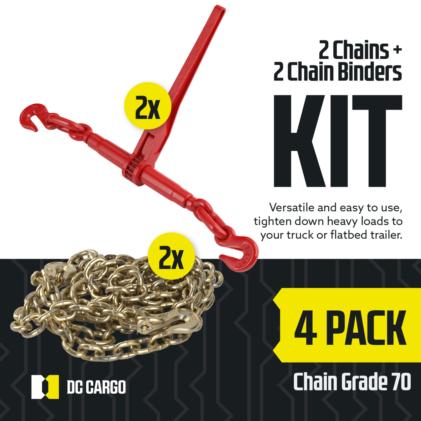 DC Cargo Grade 70 Transport Chain & Ratchet Binder Kit, 20′, 3/8″, 2-pack