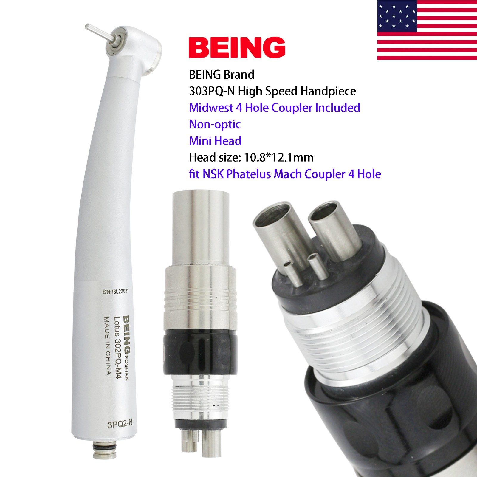 BEING Dental High Speed Turbine Handpiece NSK Phatelus Coupler 4 Hole 302PQ-N