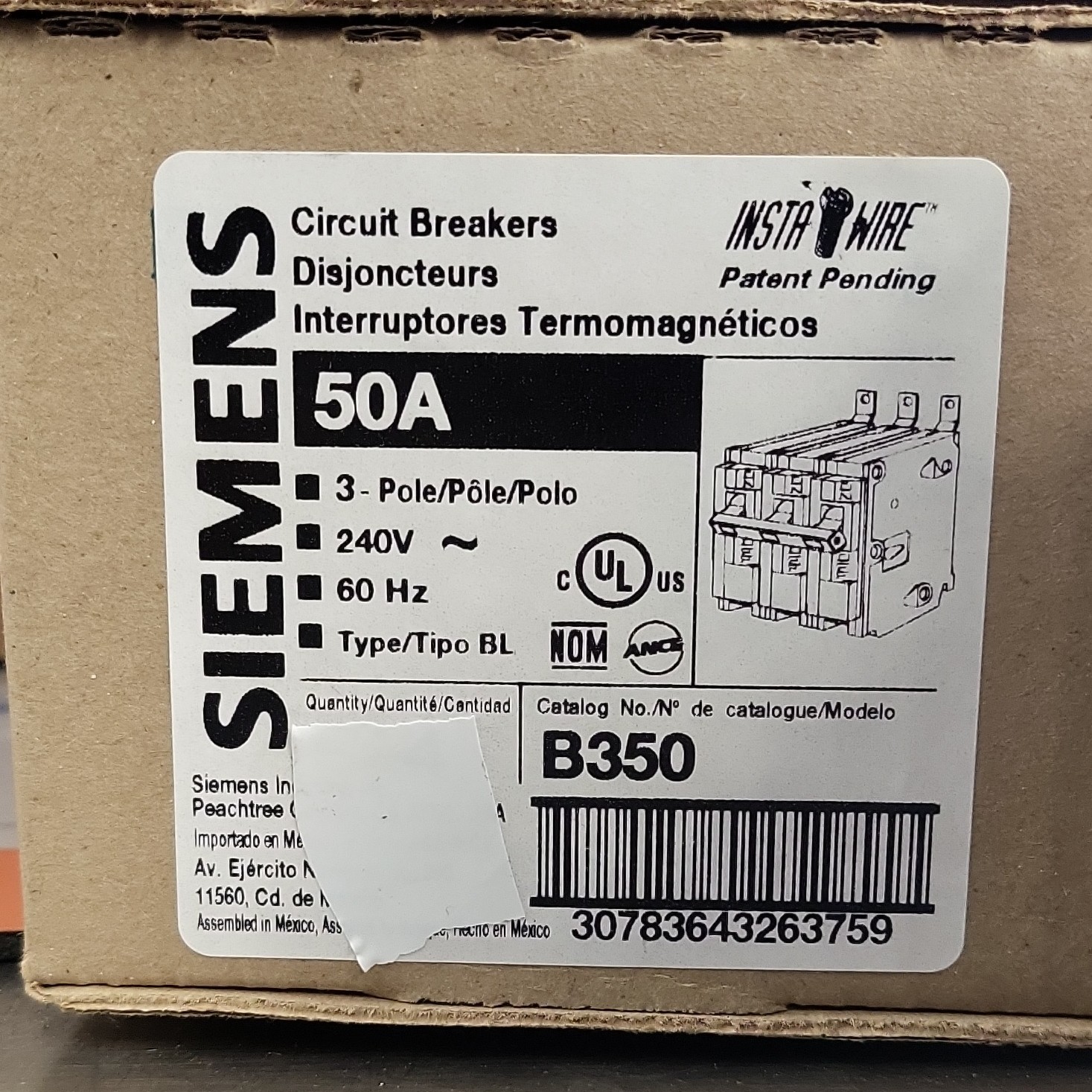 Siemens B350 50A 3-Pole 240V Bolt-On Thermal Overload Protection Breaker