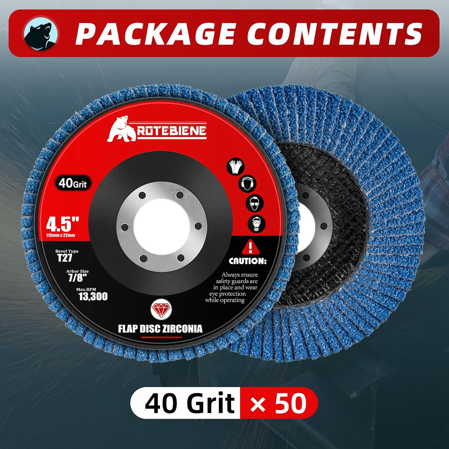 50 Pack 40 Grit Zirconia Flap Discs 4.5″ X 7/8″ T27 for 4 1/2 Inch Angle Grinder