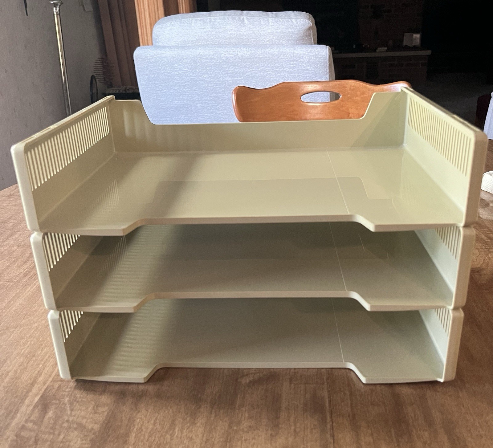 VTG 80s Tenex Stack On Desk Letter Paper Trays Tan MCM Organizer USA 3 Pieces