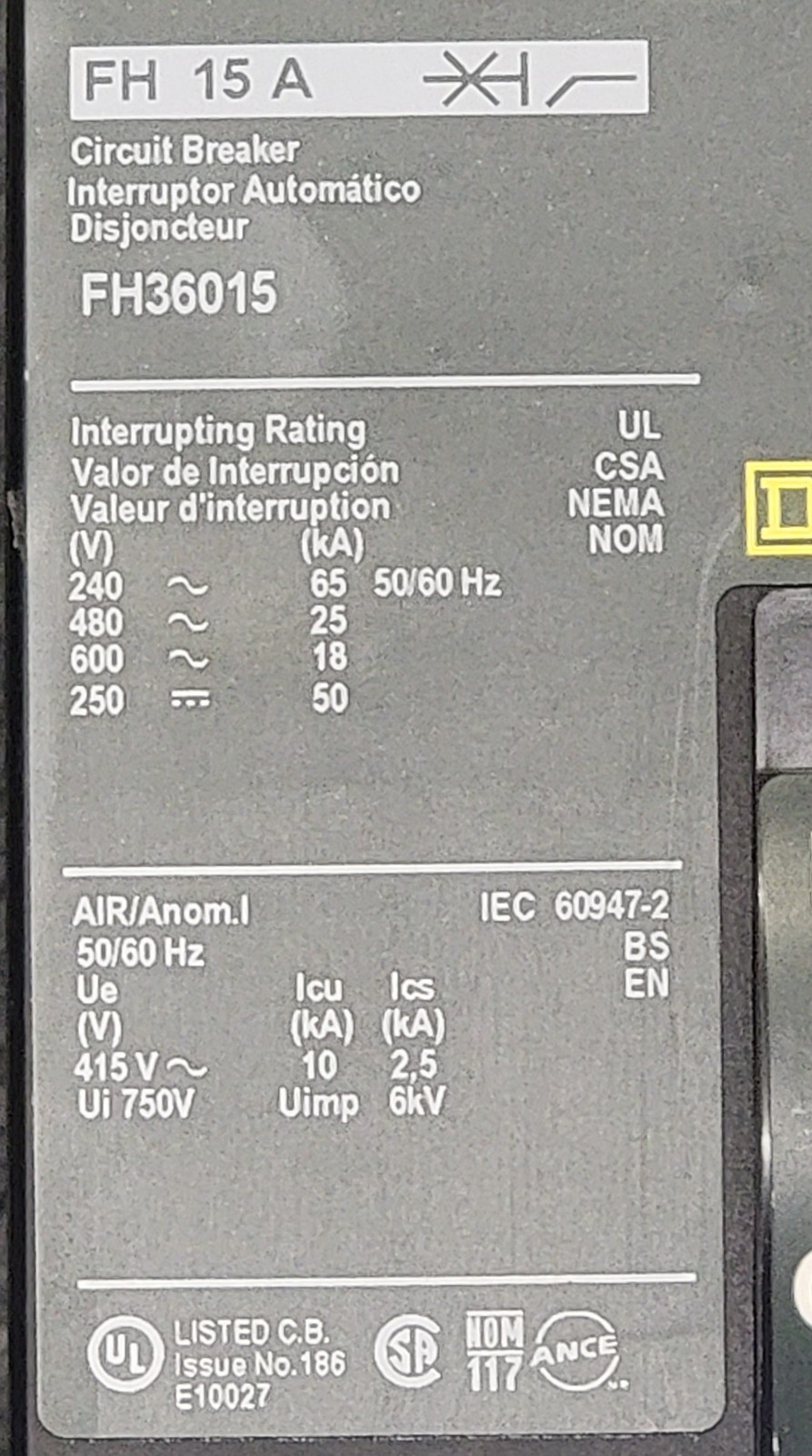 Square D FH36015, 15 Amp, 600 Volt, I-Line Circuit Breaker Used For 1 Month