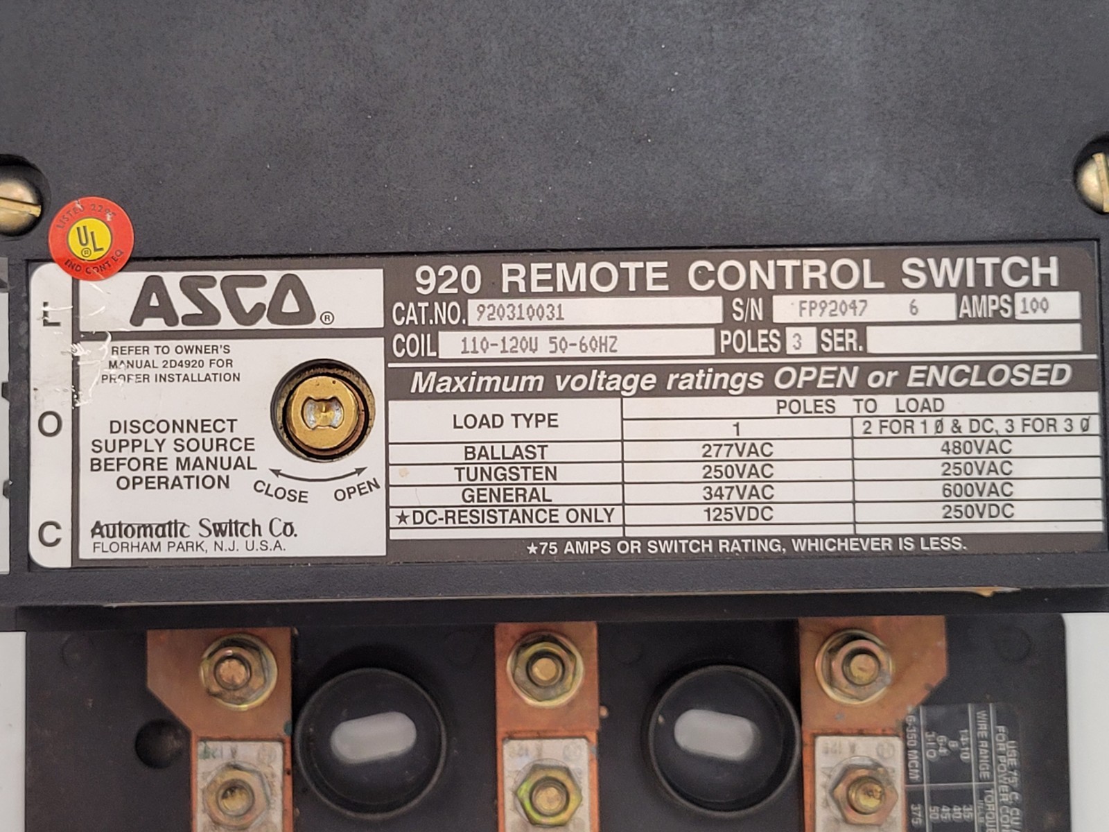 ASCO 920310031 Remote Control Switch 100A 3P 3PH Coil 110/120V 50/60Hz 920 Ser