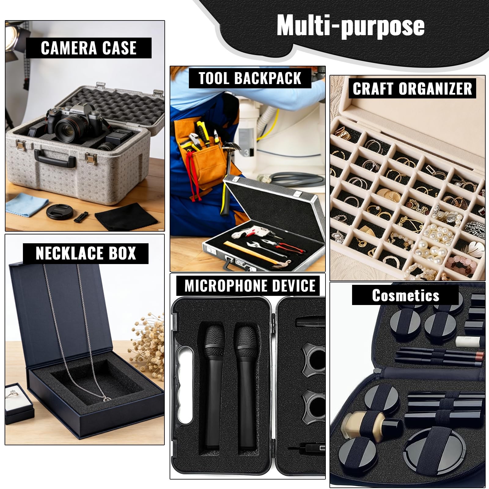 6 PCS 16x12x2 Inch Polyurethane Foam Inserts Cases Packing Black Craft