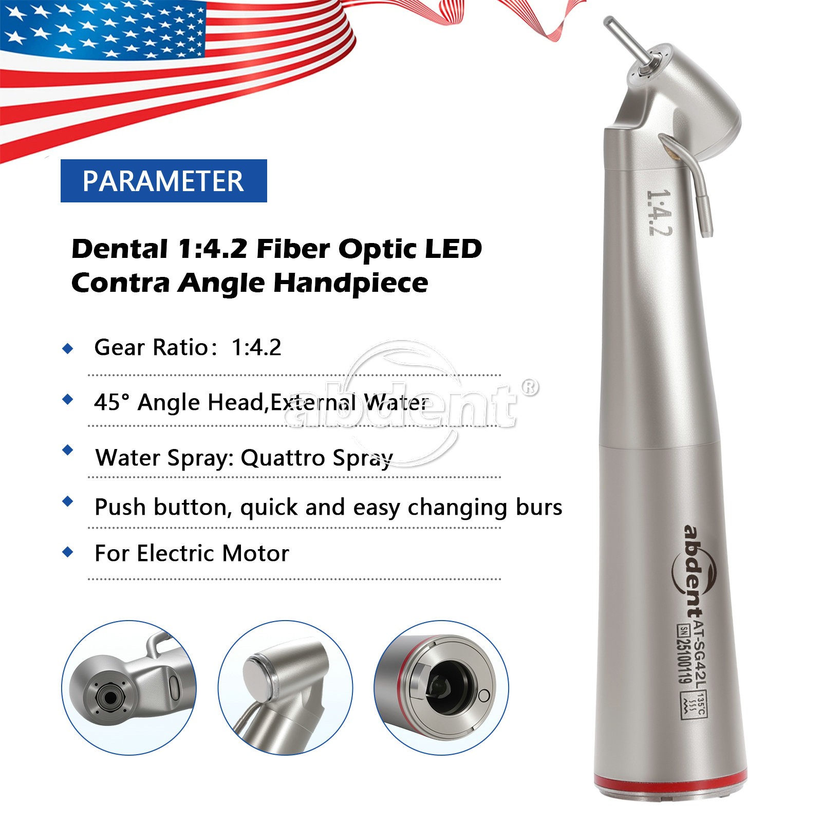 AbDent 1:4.2 45° LED Fiber Optic Contra Angle Handpiece External Water Spray