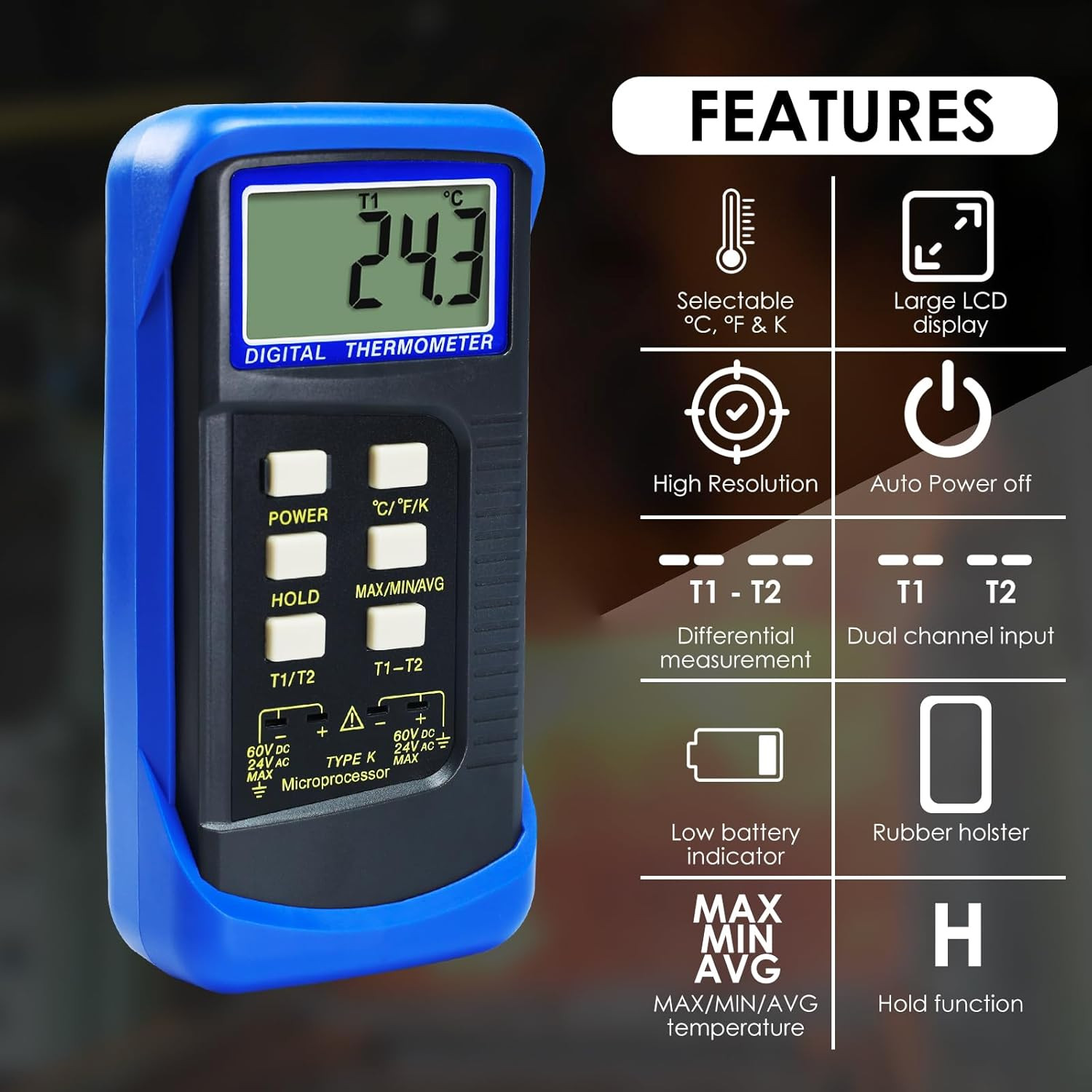 Digital K Type HVAC Thermometer with 4 Thermocouples, MAX/MIN/AVG Temperature Me