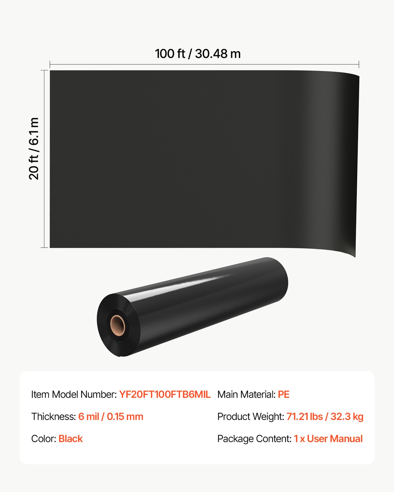 VEVOR 6 Mil Plastic Sheeting Roll 20 x 100 ft Heavy Duty Polyethylene Film Black