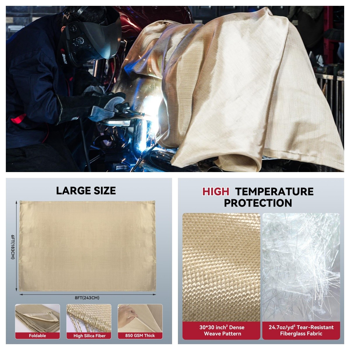 ARCCAPTAIN Welding Blanket 6x8FT 1022 °F Heat Resistant Fabric Fireproof 850GSM
