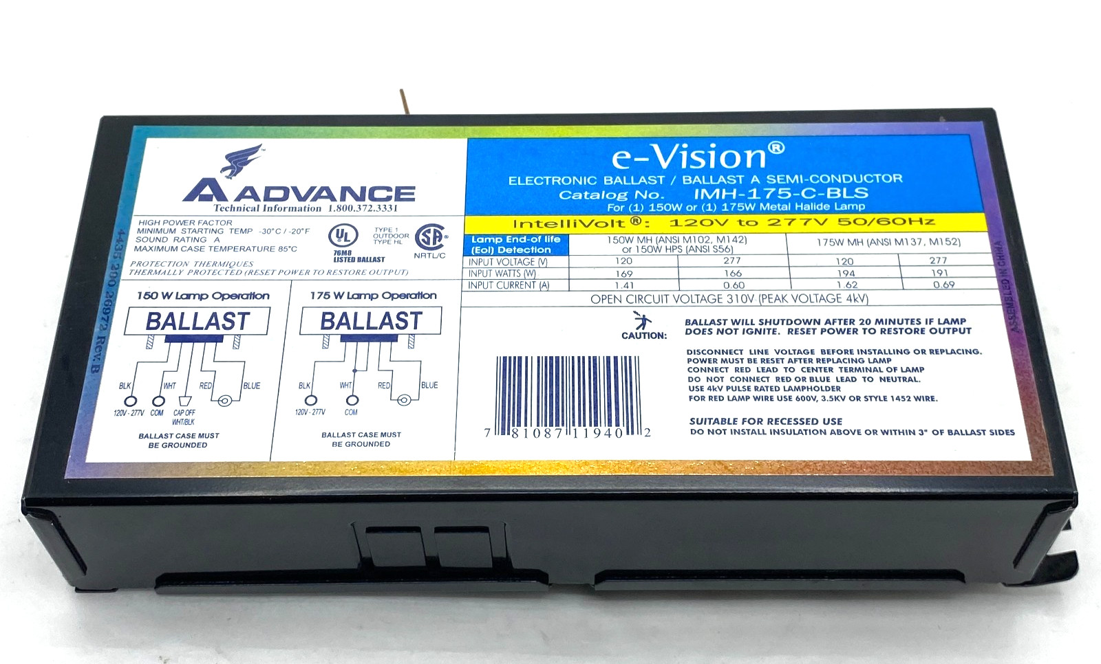 Advance e-Vision IMH-175-C-BLS Electronic Metal Halide Ballast 120/277V 175W