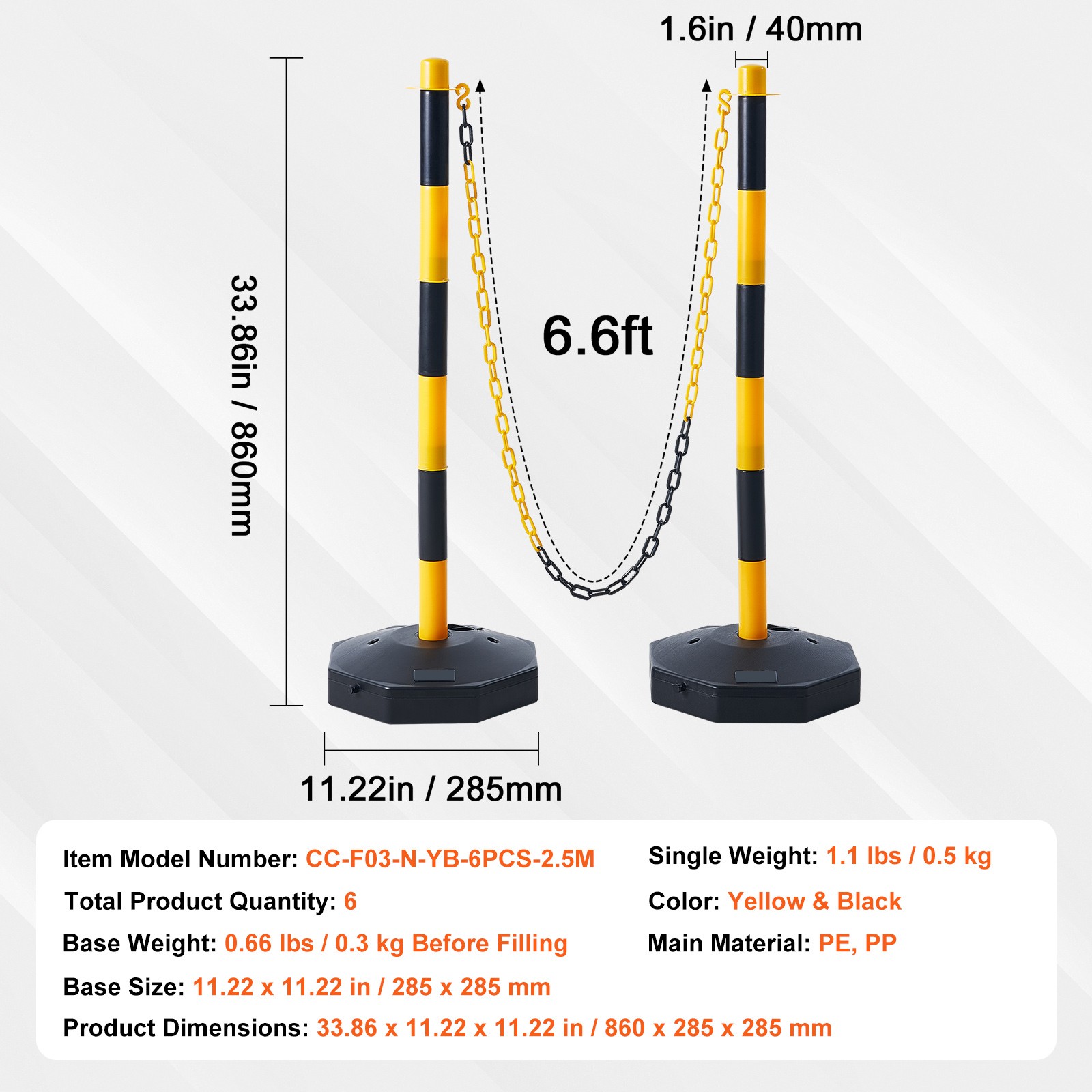 VEVOR 6PCs Traffic Delineator Post Cones with Fillable Base 8FT Chain Adjustable
