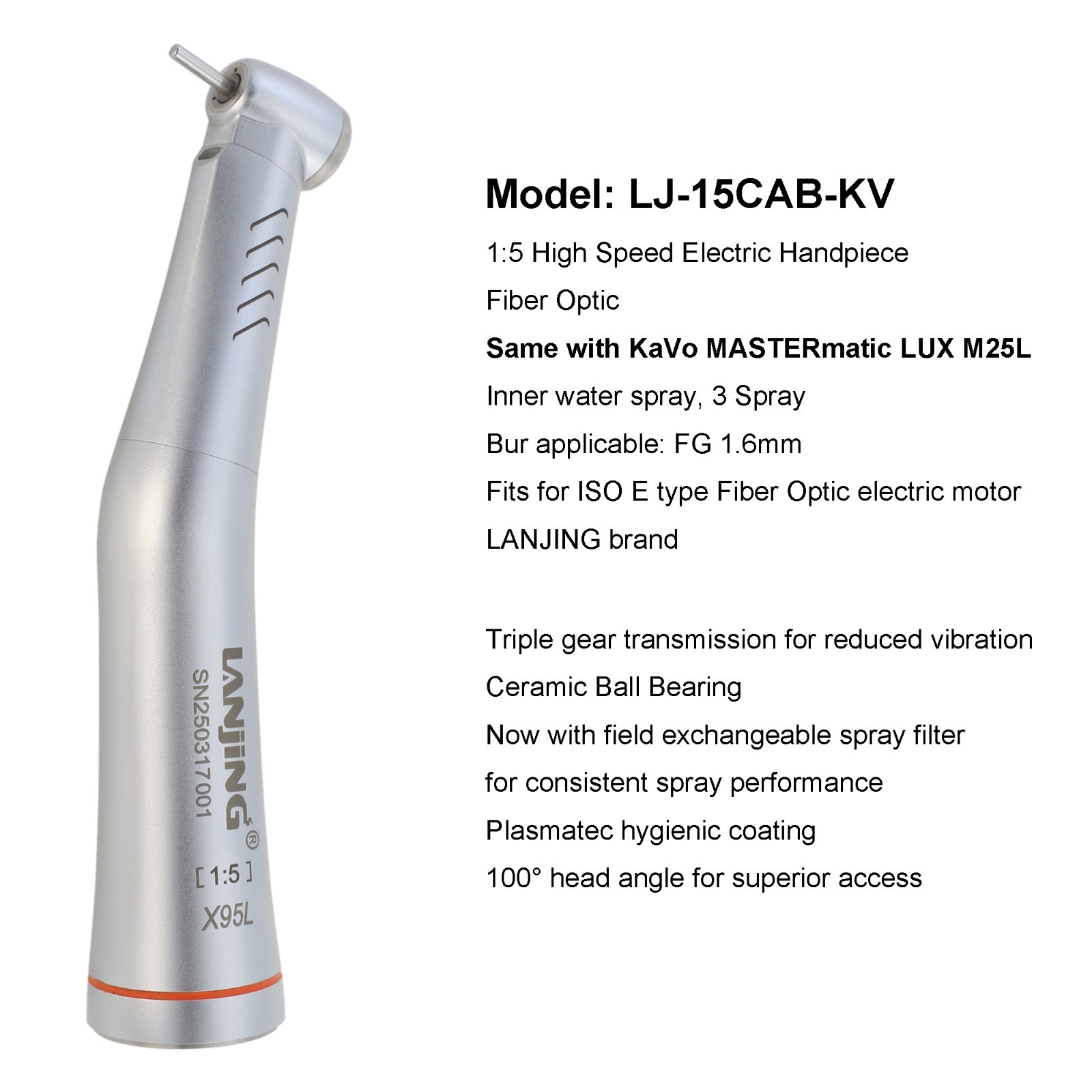 Dental Electric Handpiece High Speed 1:5 Contra Angle Fiber Optic NSK KaVo M25L