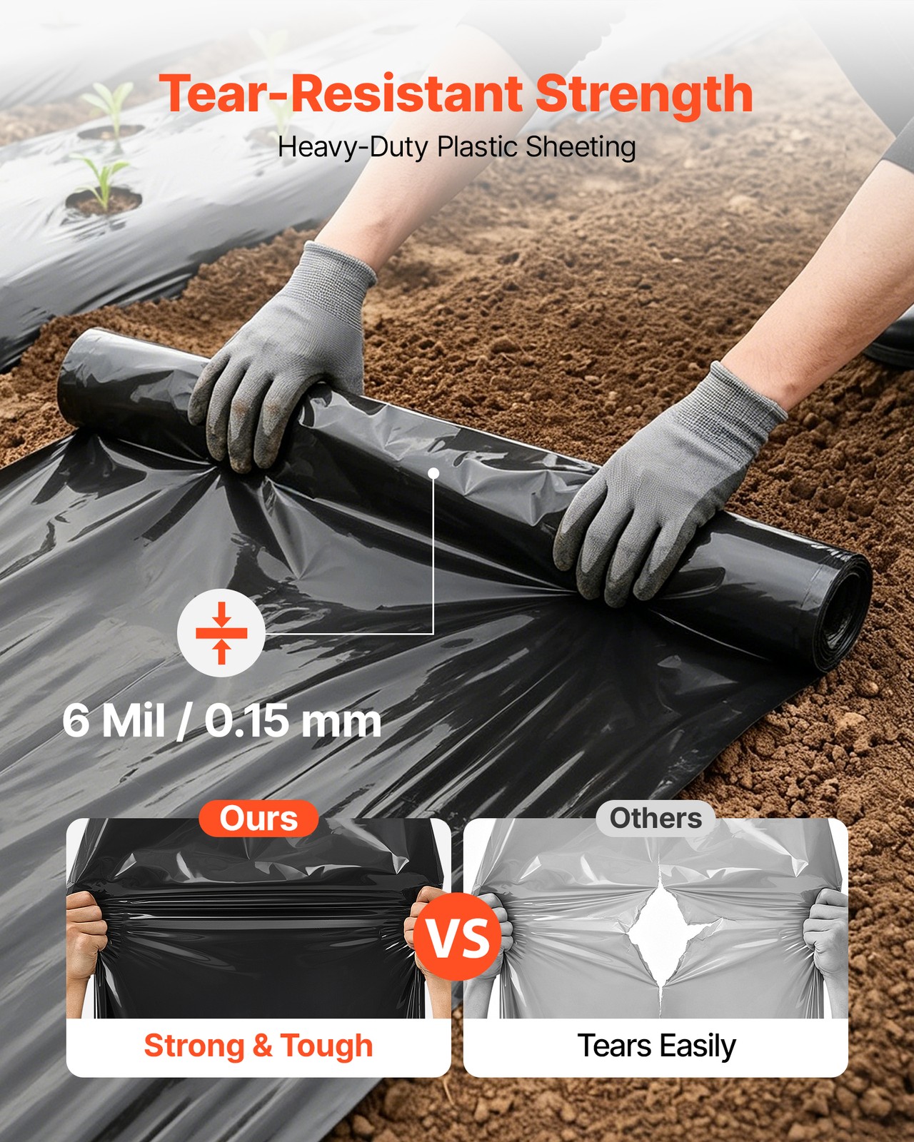 VEVOR 6 Mil Plastic Sheeting Roll 10 x 25 ft Heavy Duty Polyethylene Film Black