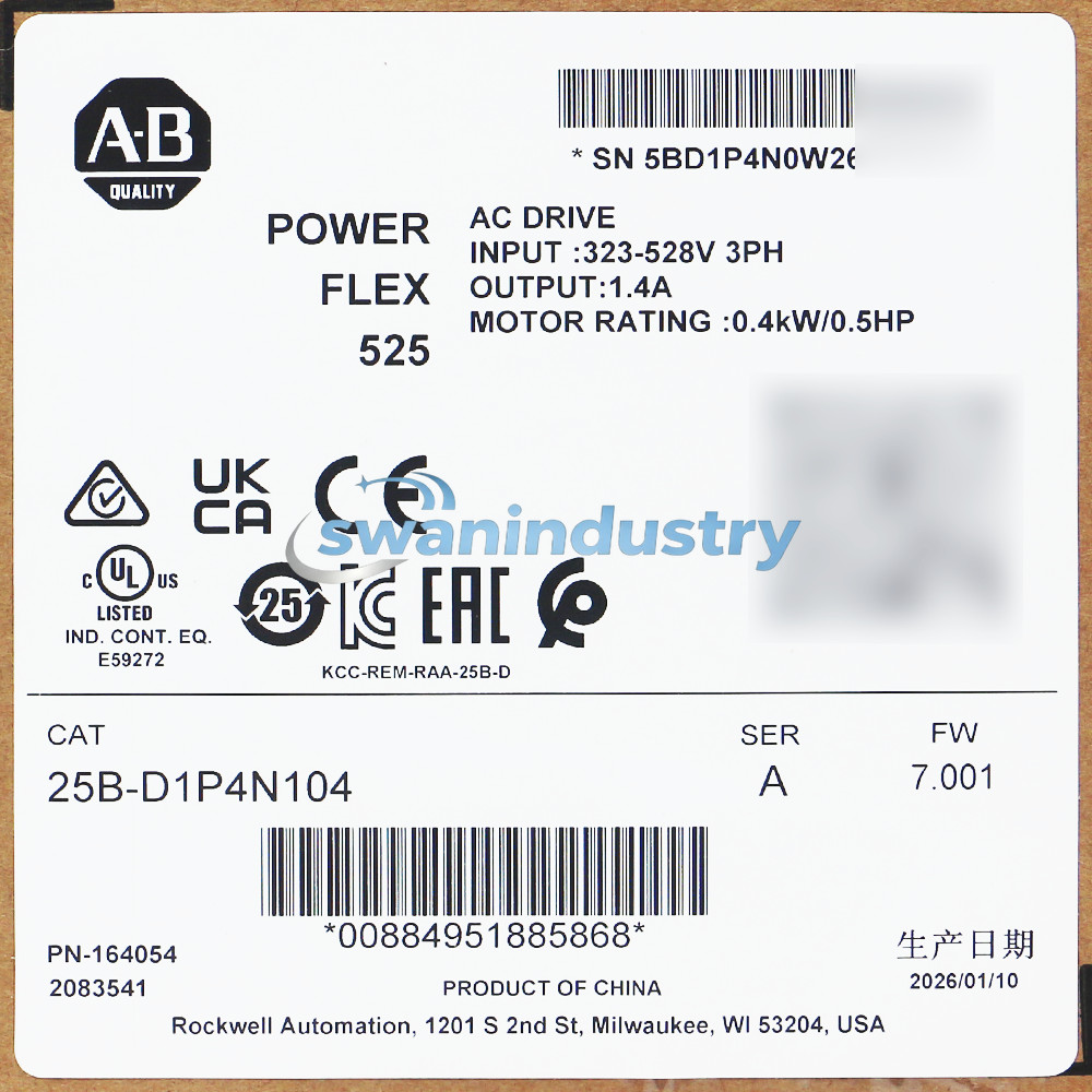 Allen-Bradley 25B-D1P4N104 PowerFlex 525 0.4kW 0.5Hp AC Drive 3PH 380…480V AC