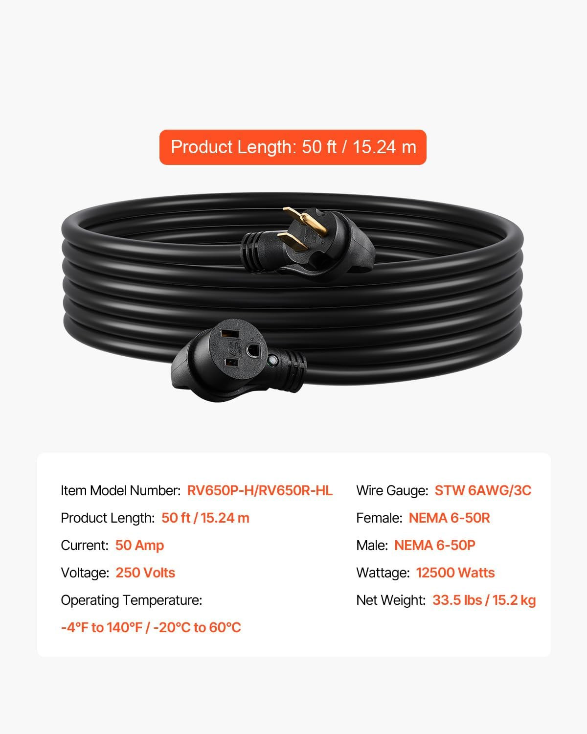50 Amp Generator Extension Cord 50 Feet, 250V 12500W Heavy Duty Power Cable, NEM