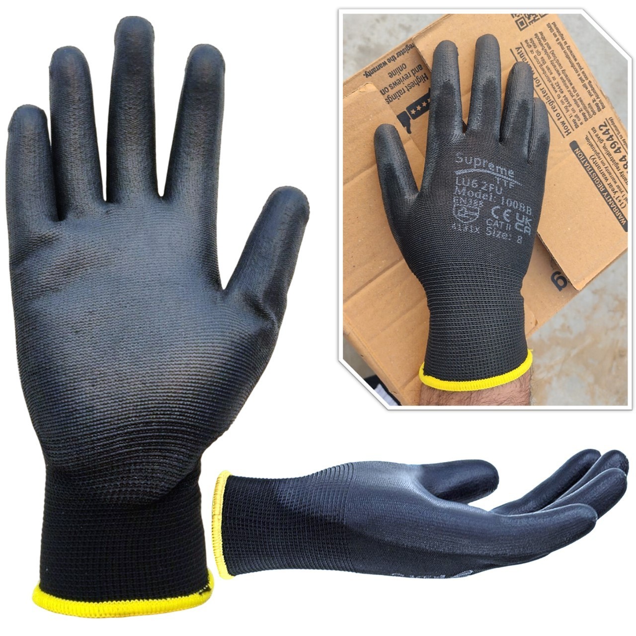 12 Pairs PU Coated Black Safety Work Gloves Glove Garden Grip Builders Gardening