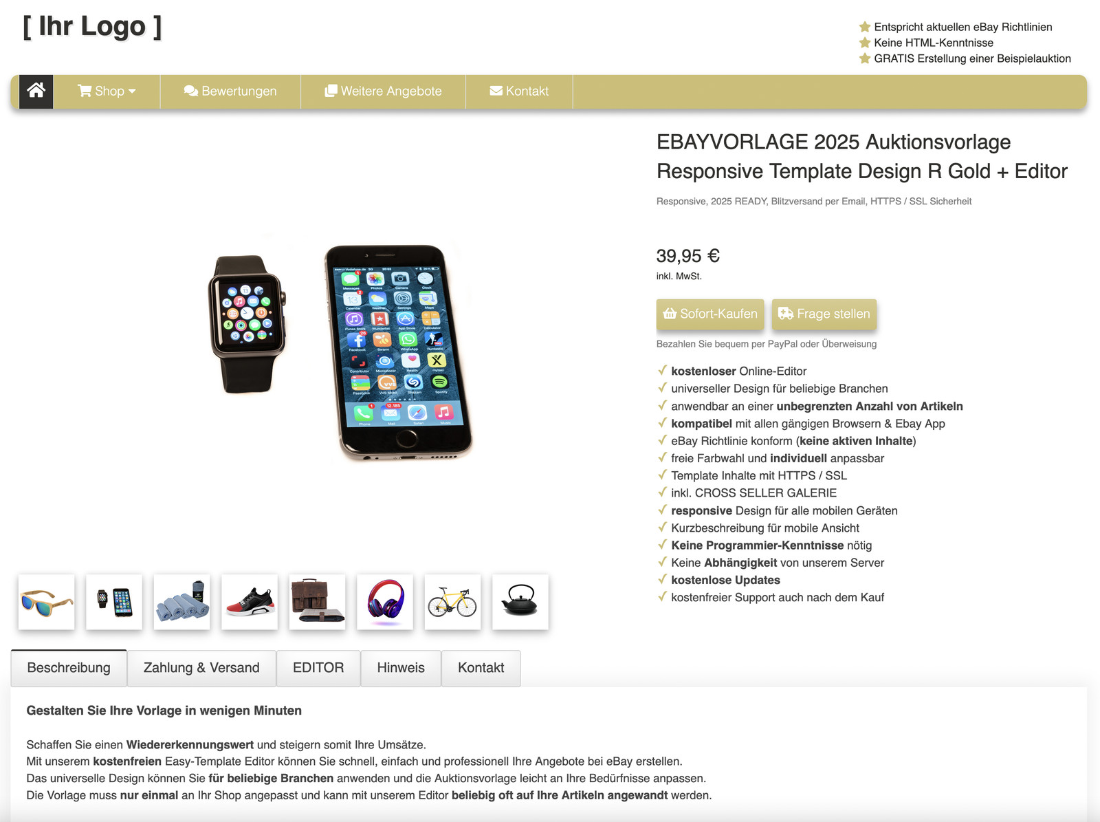 EBAY TEMPLATE auction template responsive template design R gold + editor