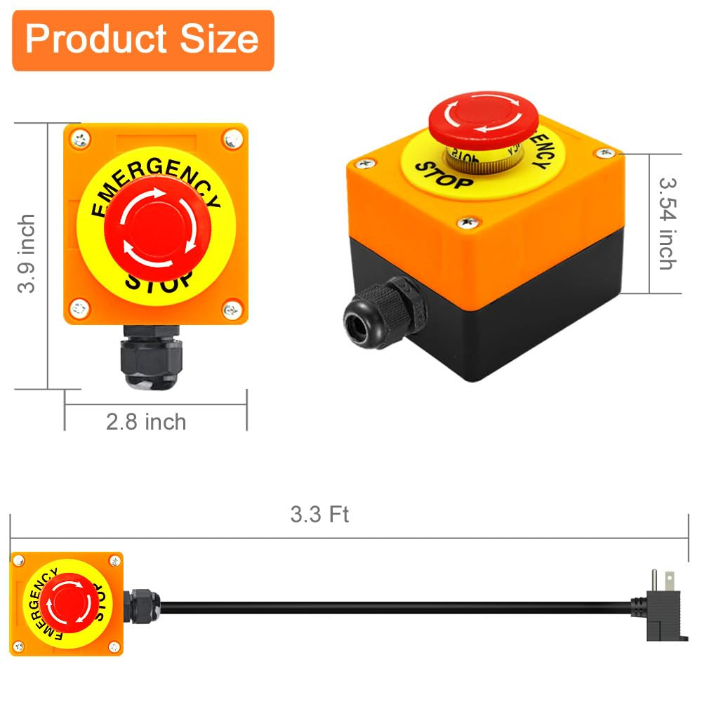 Emergency Stop Push Button Switch with 3.3-Ft 14AWG Cable & Piggyback Plug, IP67