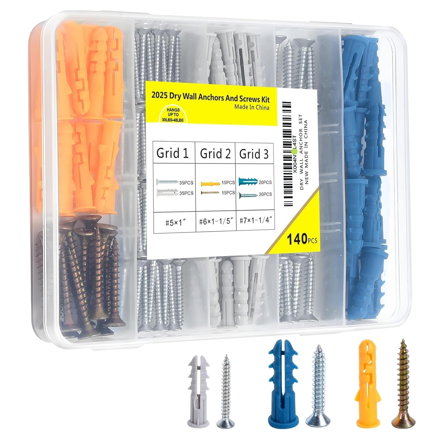 140pcs Drywall Anchors and Screws #5 (1”), #6 (1-1/5”), #7 (1-1/4”), ferrous
