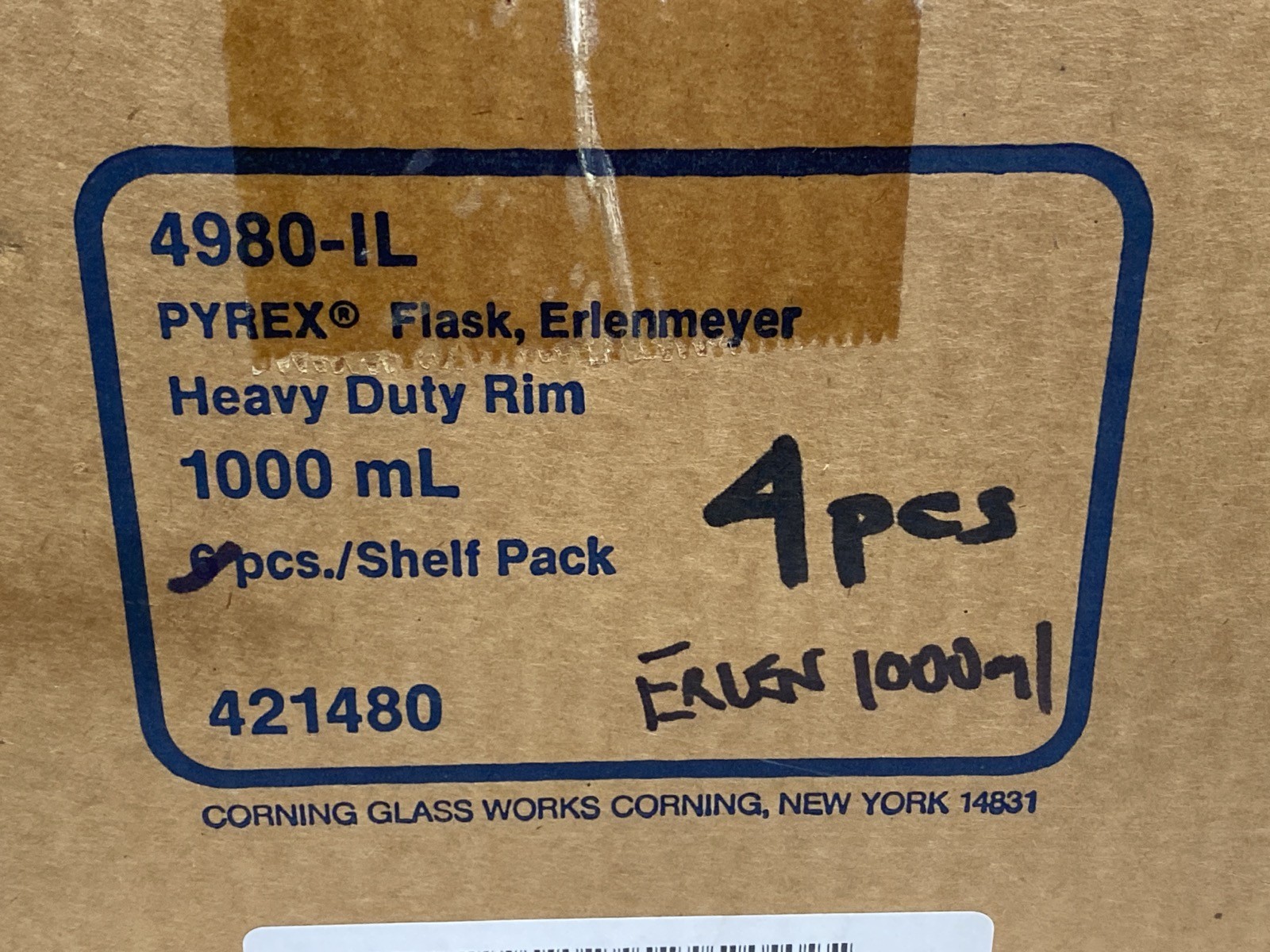 New (4) CORNING PYREX Glass 1000mL 1L Graduated Erlenmeyer Flasks 4980-1L