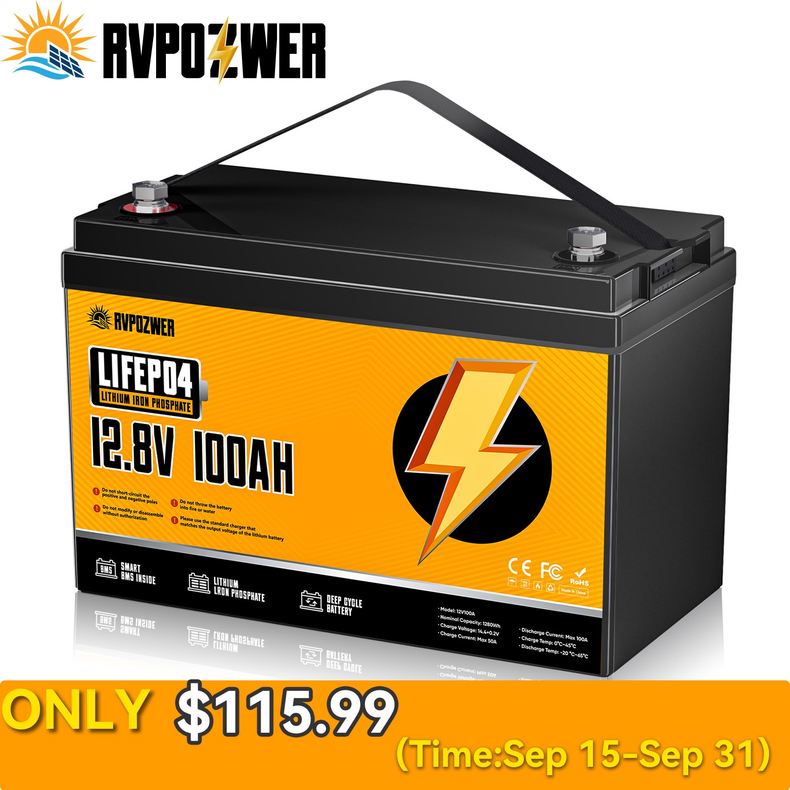 100Ah LiFePO4 Lithium Battery 12V Deep Cycles RV Marine Trolling Motors Off-grid