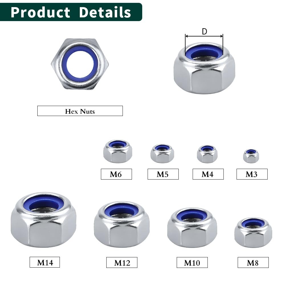 M5-0.8 (100 pcs) Nylon Insert Hex Lock Nuts 304 Stainless M5-0.8, Silver