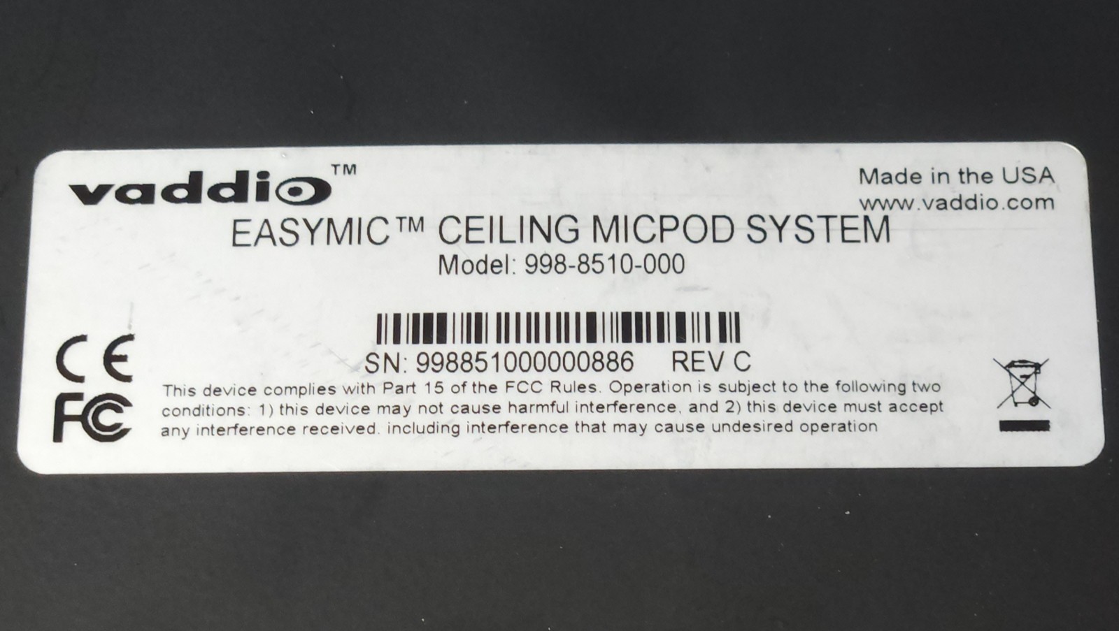 VADDIO 998 8510 000 EASYMIC CIELING MICPOD SYSTEM CONTRO MODULE