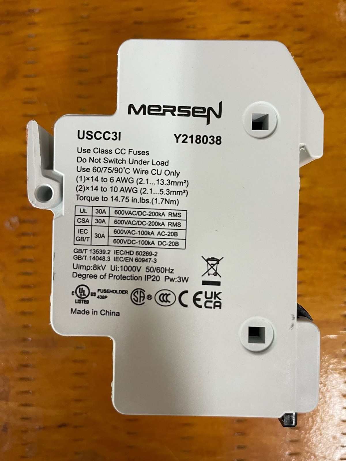Mersen Ferraz Shawmut UltraSafe USCC3I 3-Pole Class CC Fuse Holder 600V 30A