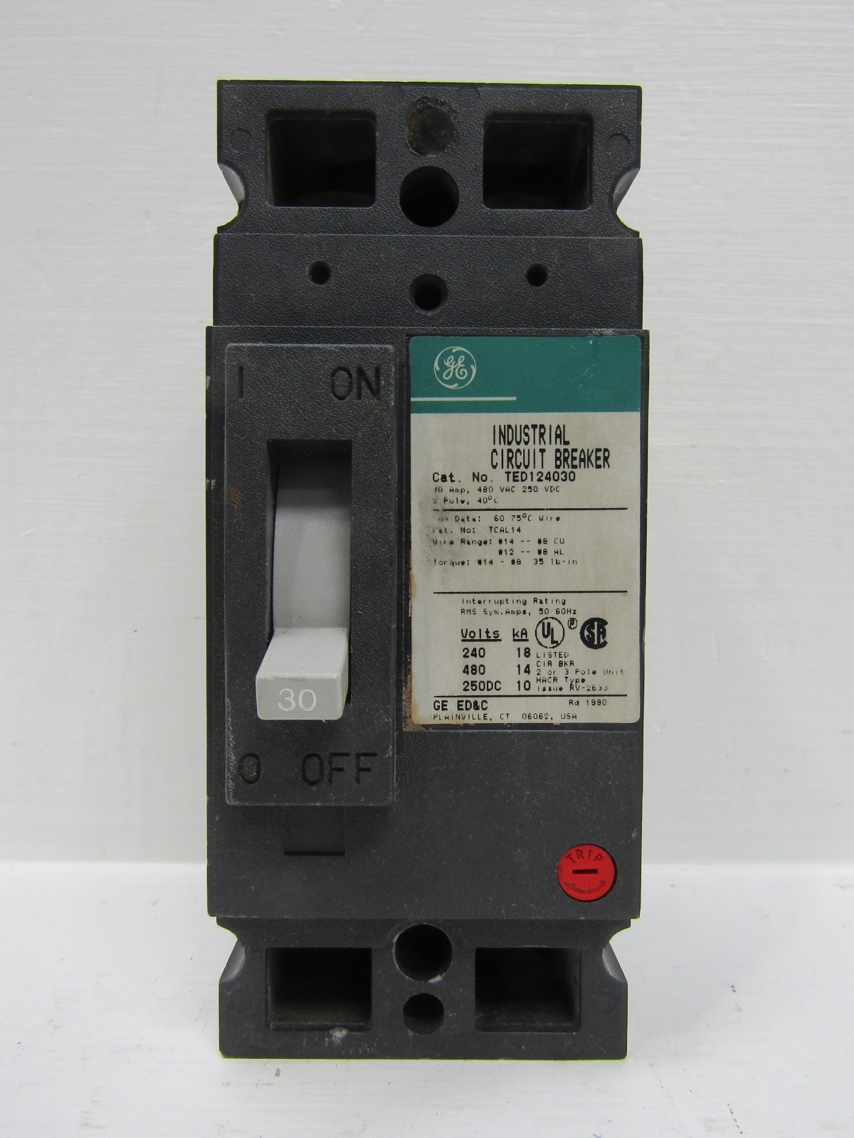 GE General Electric TED124030 30 Amp 480V 2-Pole Circuit Breaker 30A 2P 250VDC