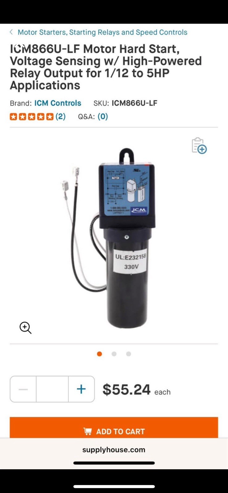 ICM866U-LF Motor Hard Start, Voltage Sensing w/ High-Powered Relay for 1/12-5HP