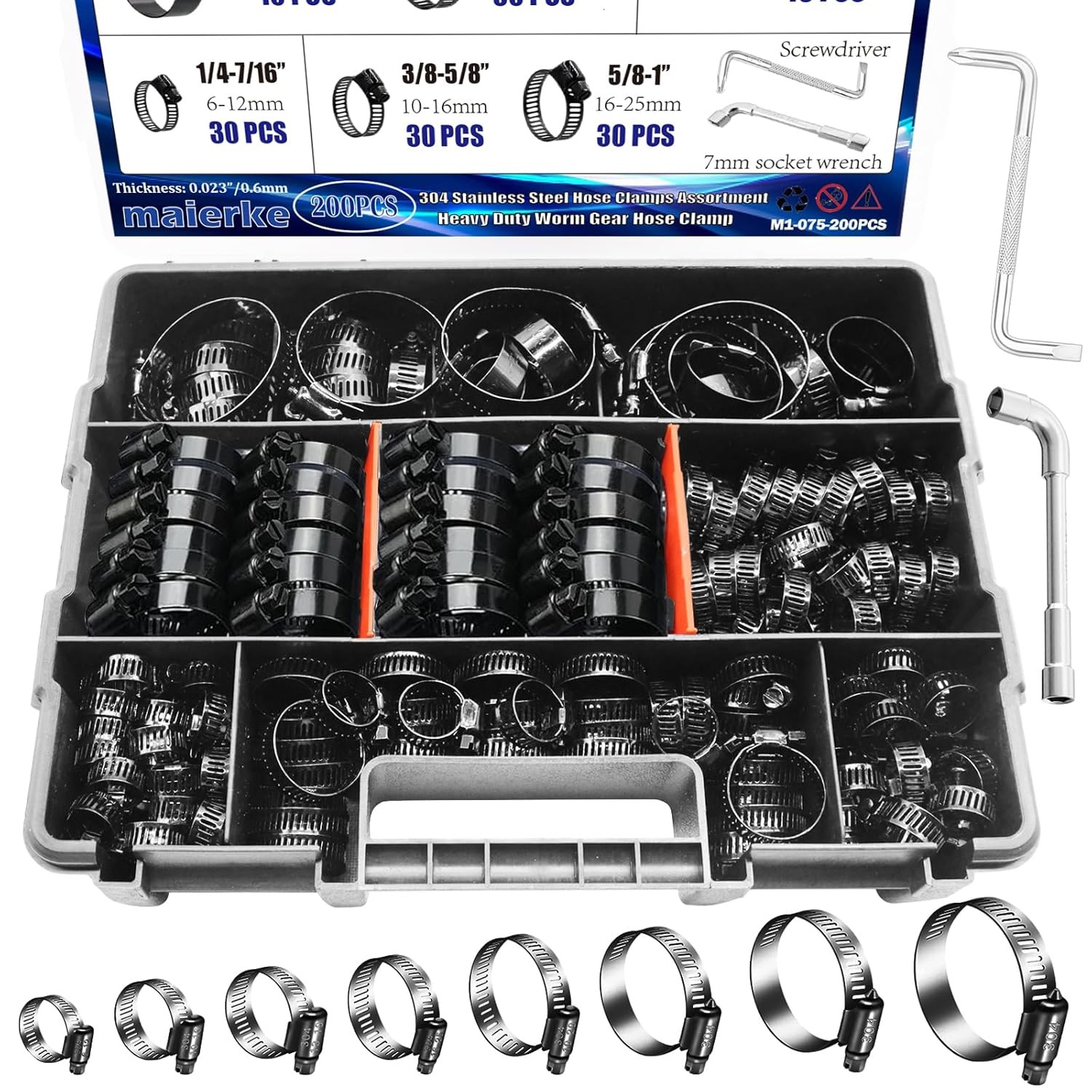 42pc Black Stainless Steel Hose Clamps Assortment Kit 1/4 to 1-1/8 Adjustable