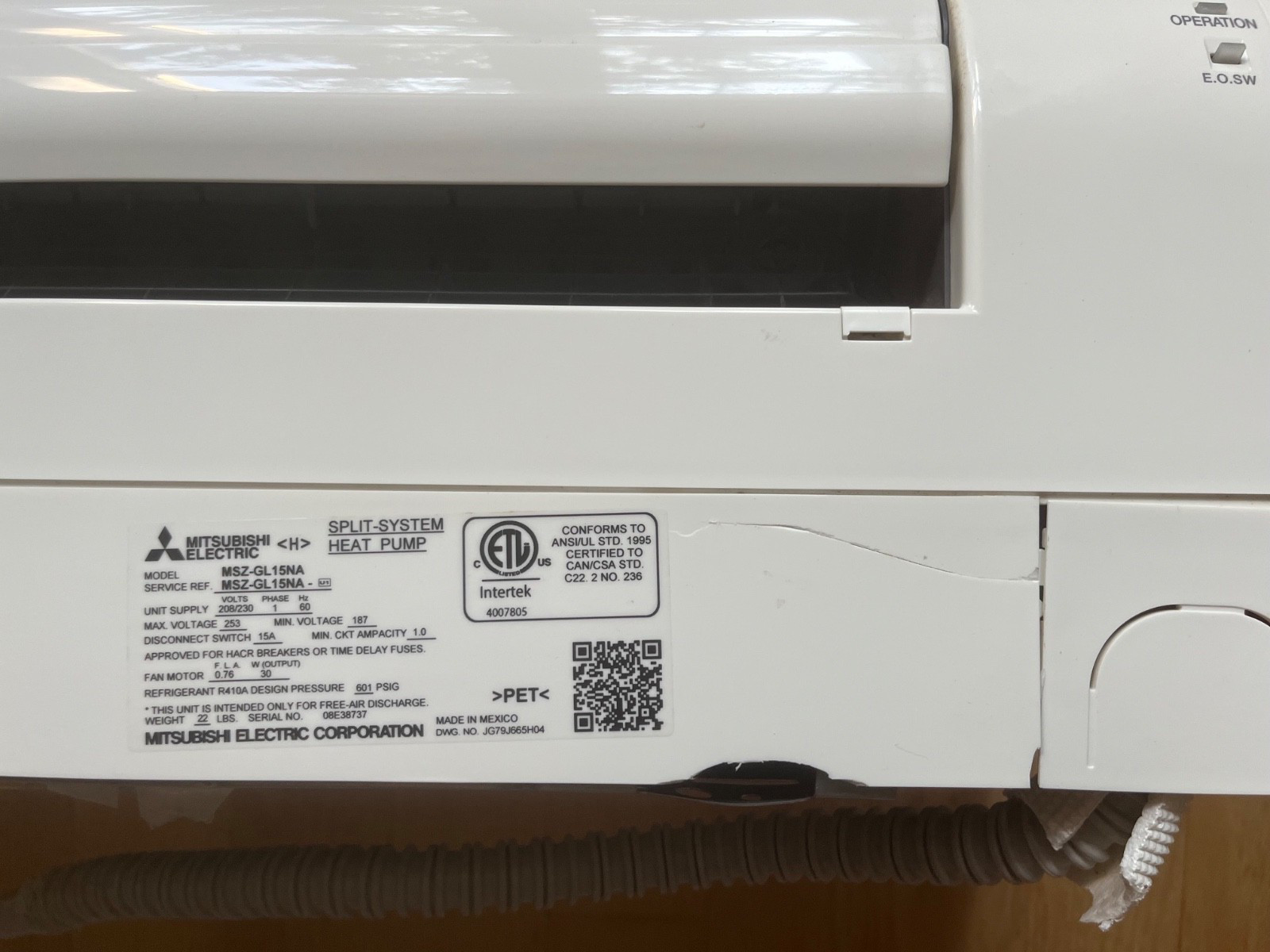 Mitsubishi MSZ-GL15NA Wall Mount Indoor Unit Air Conditioner Used
