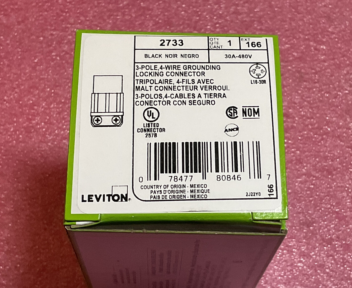 Leviton 2733 3-Pole 4-Wire Grounding Locking Connector, Nema L16-30R, 30A 480V