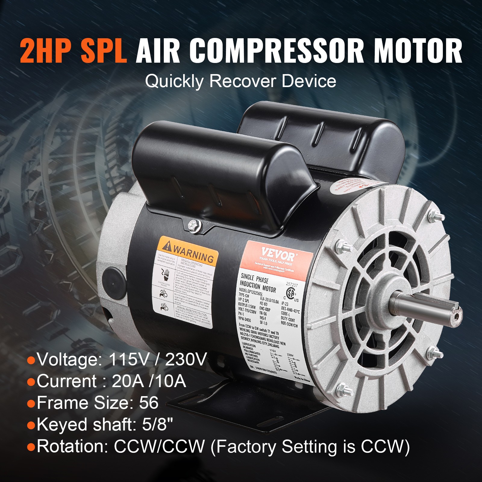 VEVOR 2HP SPL Air Compressor Motor 115/230V 20/10A 3450RPM 56 Frame CW Rotation
