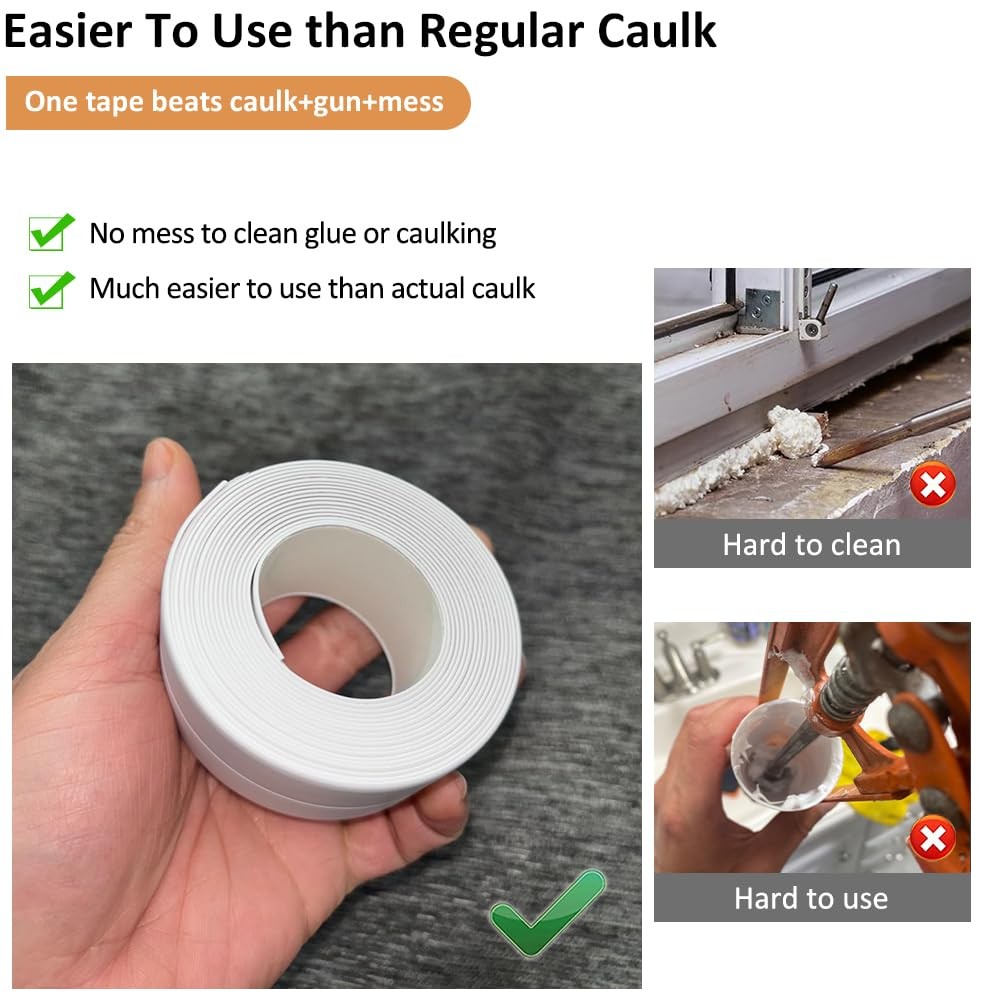 White Caulk Tape Self Adhesive Waterproof, 1.5IN x 10.5FT x 0.04IN,