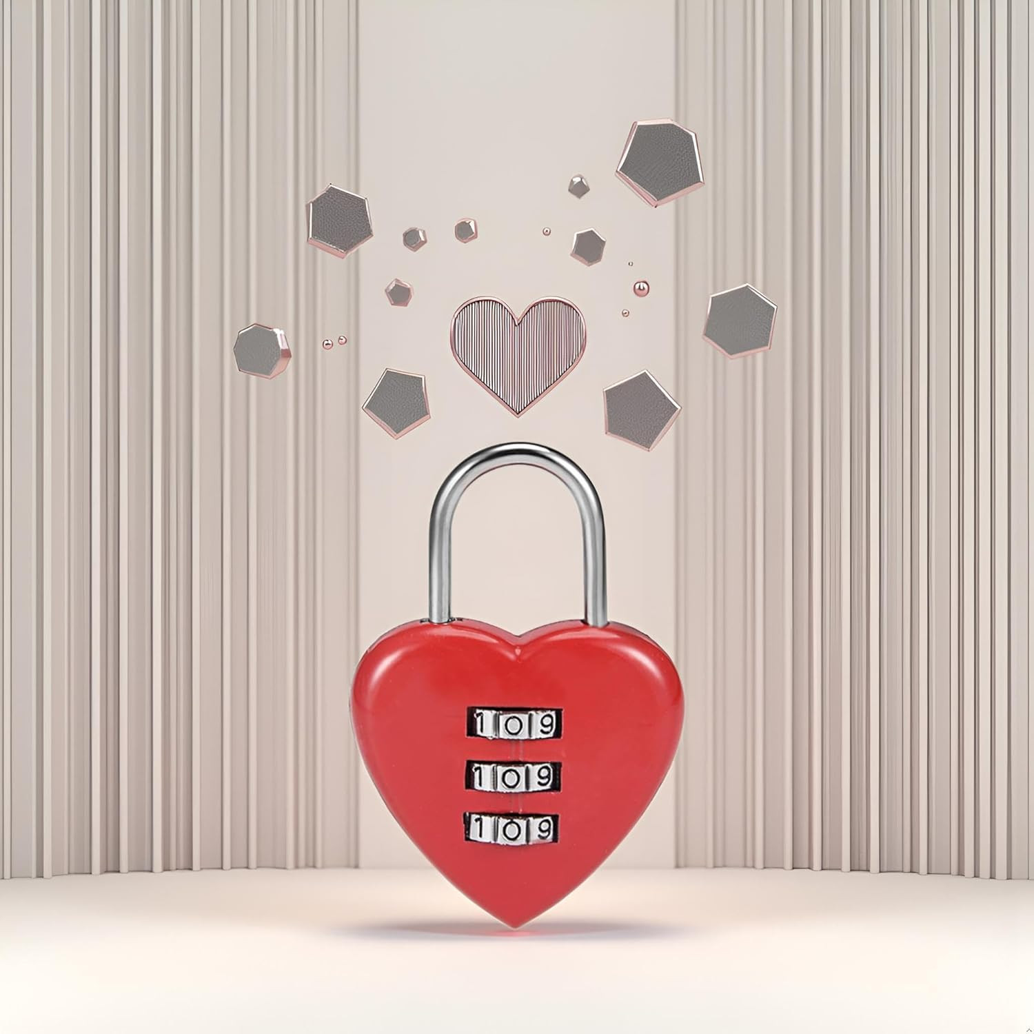 Red 3 Digit Combination Padlock, 3Mm Shackle, Zinc Alloy Lock Heart Shaped
