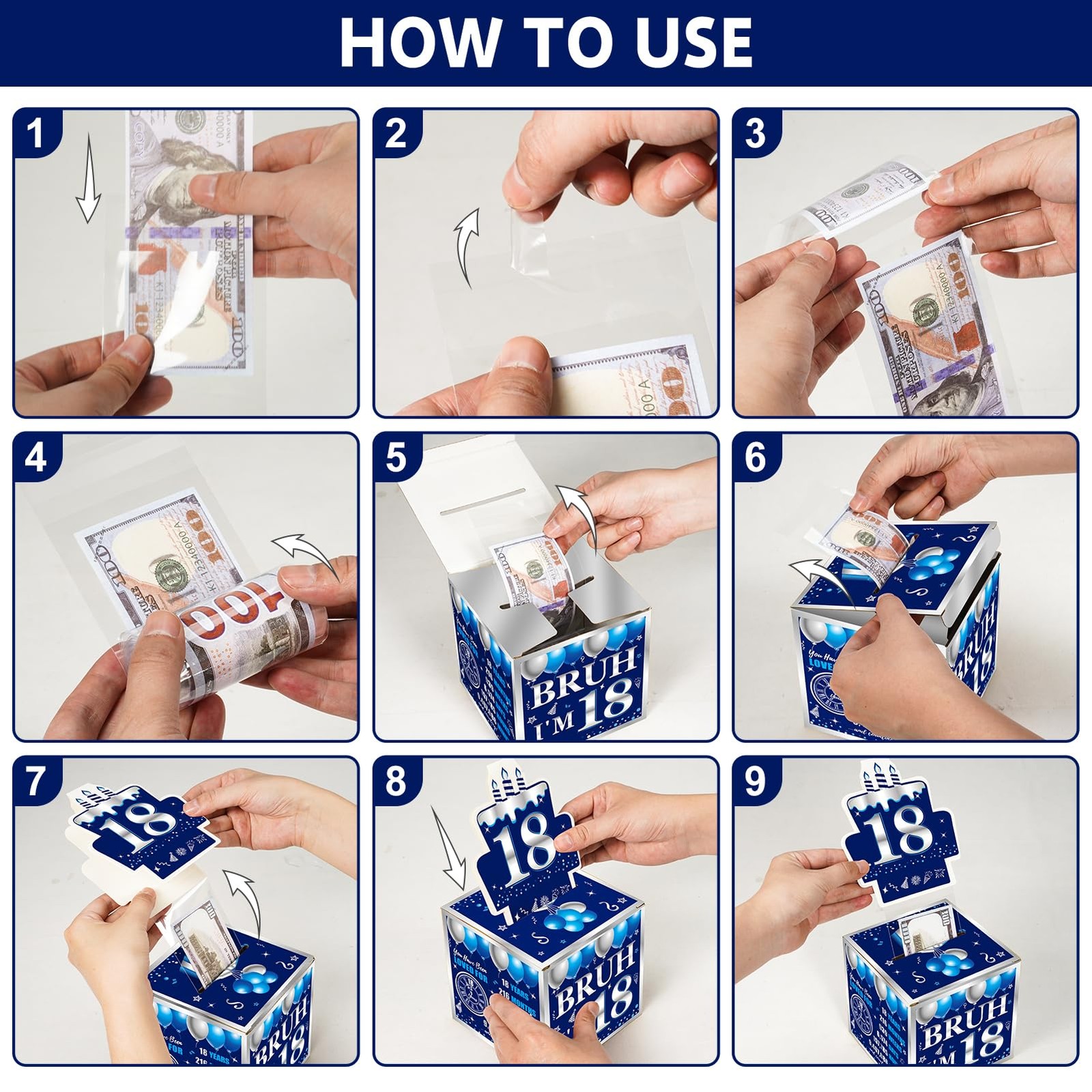 Blue Silver Happy 18th Birthday Party Decorations Money Gift Box with Card