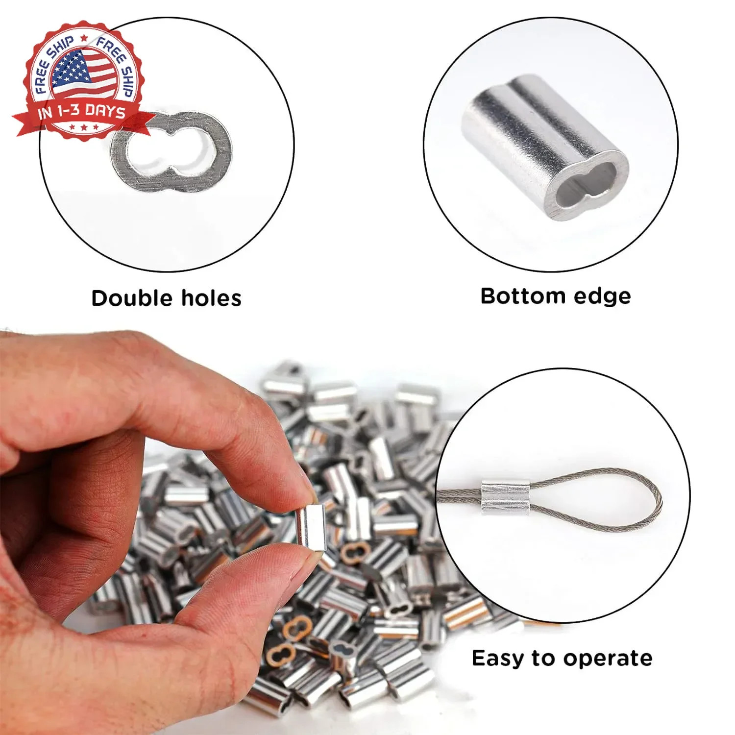 YAMASO 200pcs 1/16″ Aluminum Crimping Loop Sleeve, Cable Ferrule Wire Rope Sleev