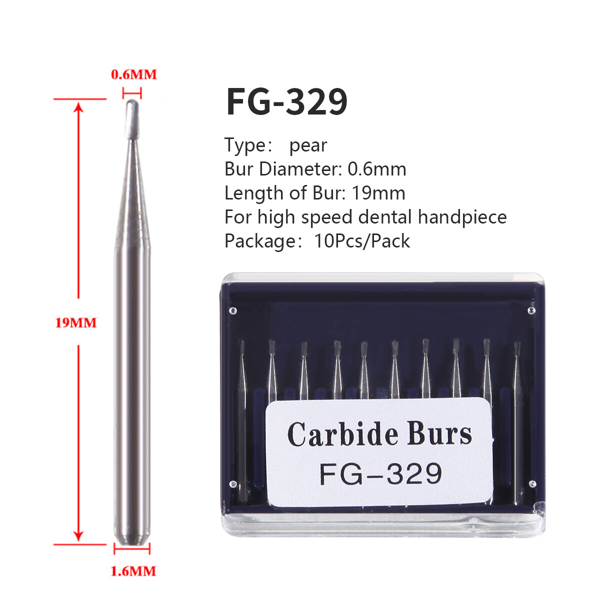 10pcs Dental Carbide Burs Pear-Shaped Type High Speed Tungsten Steel Bur FG329