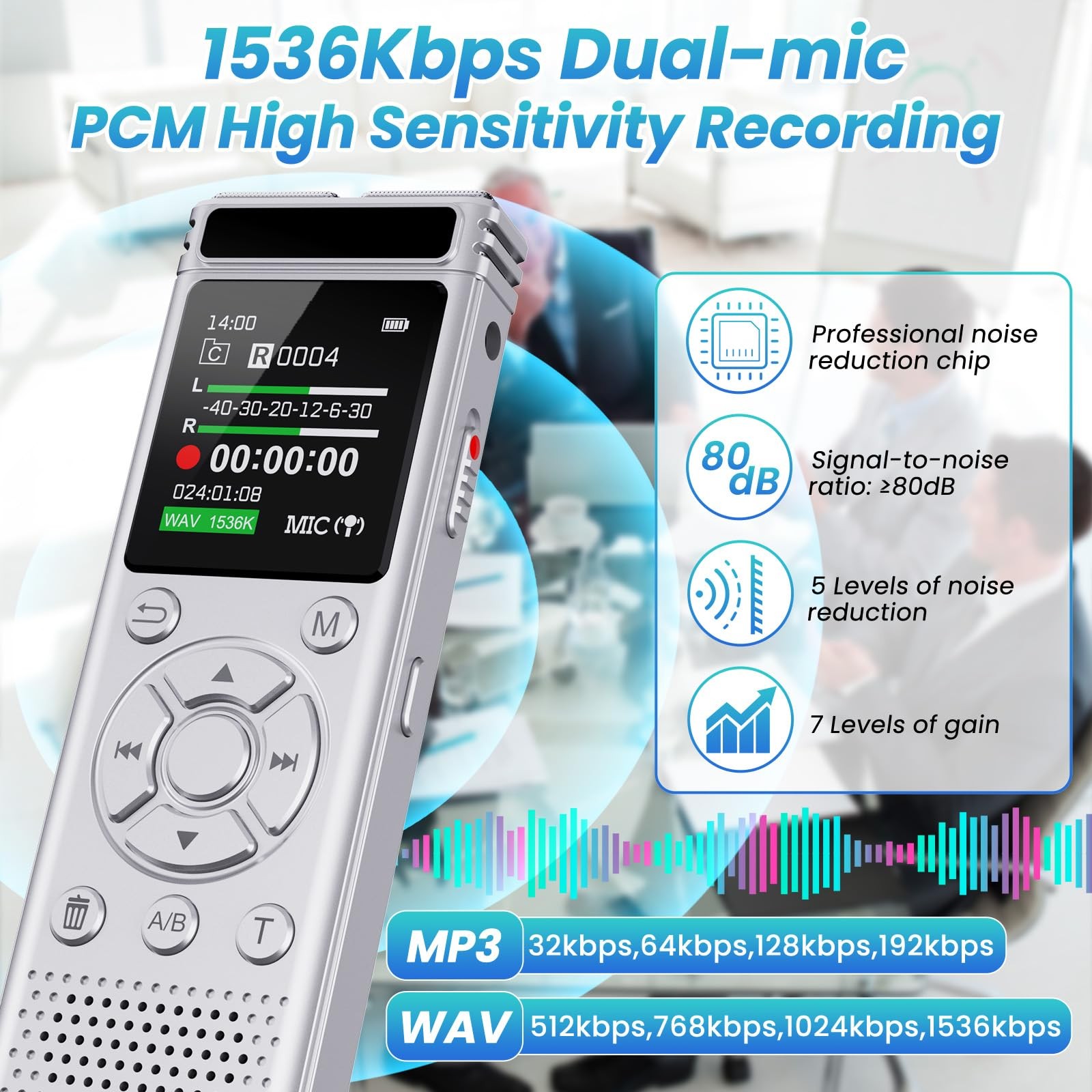Digital Voice Recorder 136GB 9775 Hours Playback – Activated Noise Reduction